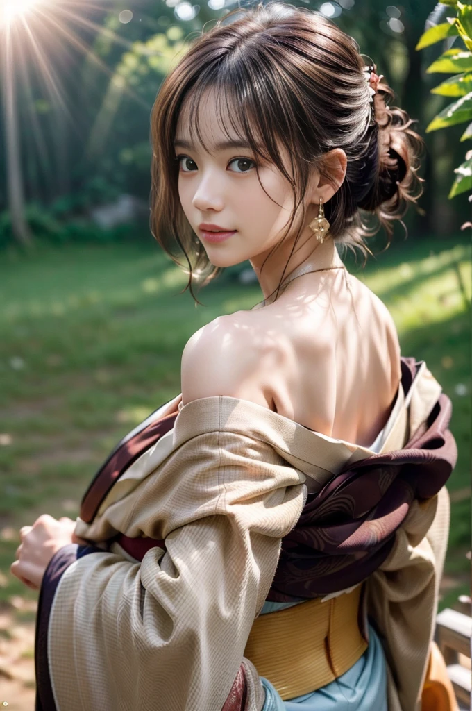 ((RAW shooting:1.5)), (Photoreal Stick:1.5, masutepiece:1.5, 8K), (top-quality, masterpiece, 超A high resolution), morning, Precincts of the shrine, ((fog the lens:1.4)), ((Shoot with blur:1.5)), ((sunrises, Sunlight coming in from behind:1.6, Strong sunlight spreads across the screen:1.6)), ((Strong sunlight shines on a woman:1.7)), ((The entire screen appears white and hazy due to strong sunlight.:1.8)), ((The woman looks blurry due to the strong sunlight:1.9)), Professional camera work:1.3, Highly detailed skin and facial texture:1.3, Grow Light Effect, The ultra-detailliert:1.3, 1girl in, Fair skin, (Sense of clarity:1.4, a small face), Extremely beautiful face:1.5, (Sense of clarityを感じる目:0.9, looking distantly), A smile:1.0, (Slightly open mouth:0.4, Sense of clarityを感じる口当たり:0.7), 二重まぶた, Dark brown medium hair, necklace and earrings, (Wearing Kimono Correctly Off Shoulder)