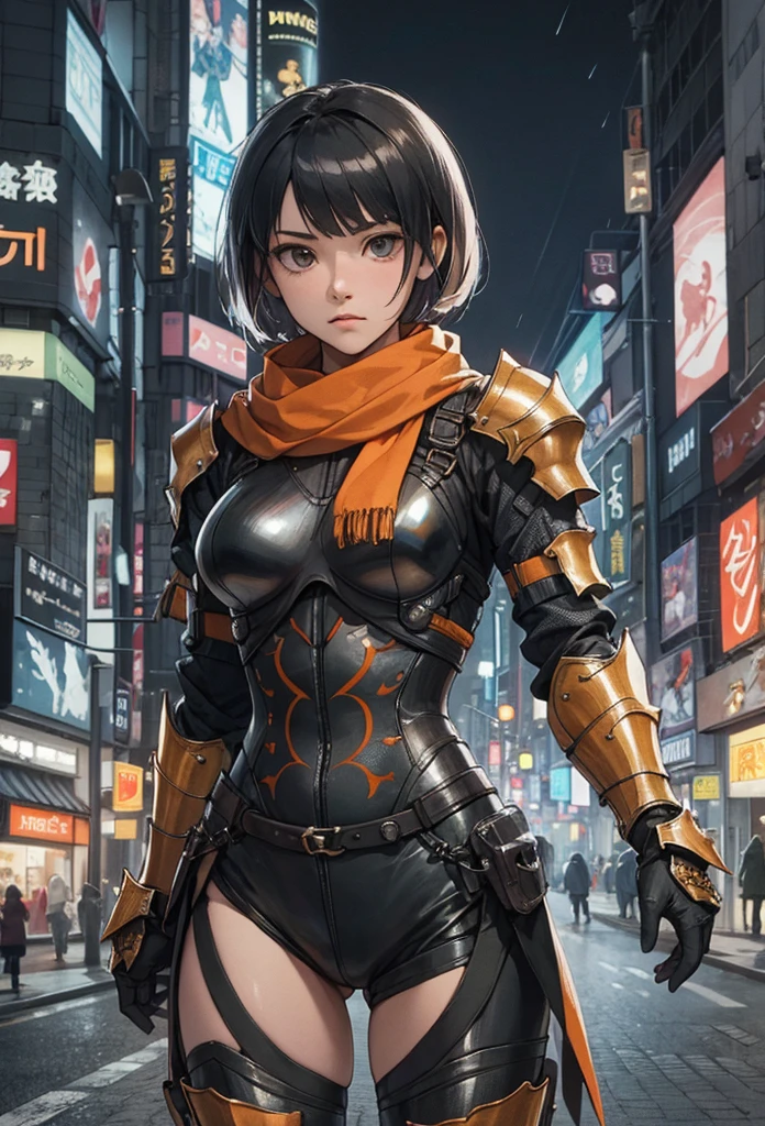 (Detailed illustrations,Very detailed and detailed drawing,Delicate lines with slow and rapid,Realistic texture expression),[Color tressed main line],[Shinjuku background at night],(ANIME) (NINJAGirl (Beautiful fece) 15yo student) well-muscled [Slim body] Short Bob Cut,([hornet] Orange Ninja Battle Armor) scarf [stall] ((Fitting rubber inner) [honeycomb] [edg]) hair adornments (Dull metallic luster:0.8),gravure [KUNOICHI],[highcontrast:0.6],(複雑でBeautiful fece装飾 [Dense detail]),(きめ細やかでBeautiful fece肌表現 [Transparency]),[完璧な目のdetaileds (Iris beautifully drawn in every detail)[Jewel-like eyes]],[長くてBeautiful fece睫毛],[Meticulously drawn hair [美しく艷やかな髪のdetaileds]],(完璧な手のdetaileds [Fingers without breakdown [Beautiful nails]]),(Perfect Anatomy(Perfectly proportioned))[[Full body like]],[[Design built to the highest level]][Ideal color coordination(Accurate simulation of light-material interactions)],([Precision Detail](detaileds,high-detail)),[Visual art that conveys a sense of narrative].
