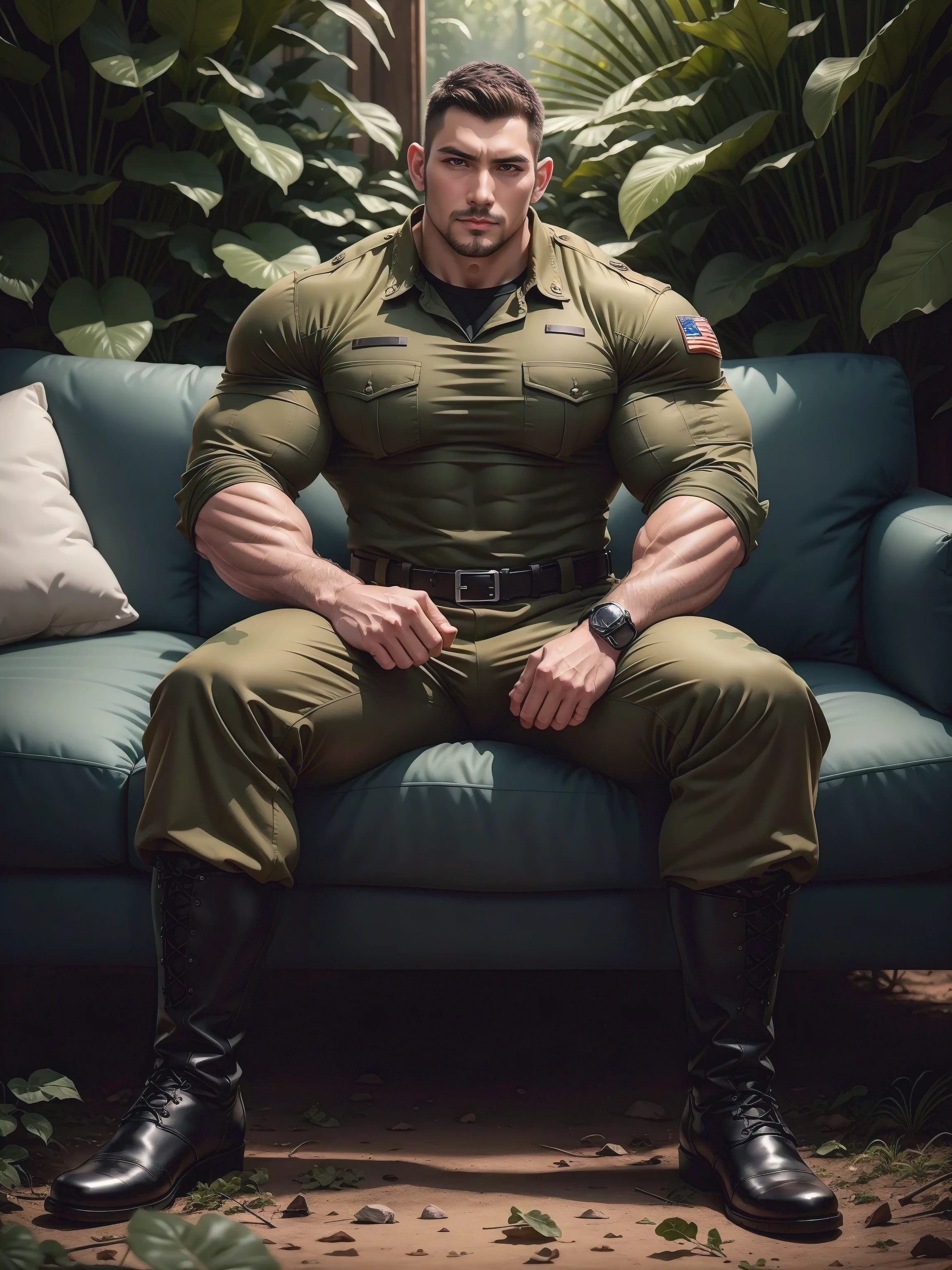 Sad frowning tall giant muscular man sitting in the forest，Dark brown camouflage military uniform，character  design（Resident Evil - Chris Redfield，Chris Redfield）His hairstyle is a crew cut，身穿Dark brown camouflage military uniform，Matte texture，Soft and comfortable sofa，Sitting in the eerie sugar cane jungle, The body is wrapped in thick rattan，expression sad，Deep and charming eyes，Sapphire eye male protagonist，heroic masculine pose，Tall and burly，musculous！Charming leg muscles，tall, Burly, and strong， 身穿Dark brown camouflage military uniform， Super gain and cool， commission for high resolution， Big feet in black boots，Charming strong man，Bright sunlight shines on the body，Matte particles with shiny texture