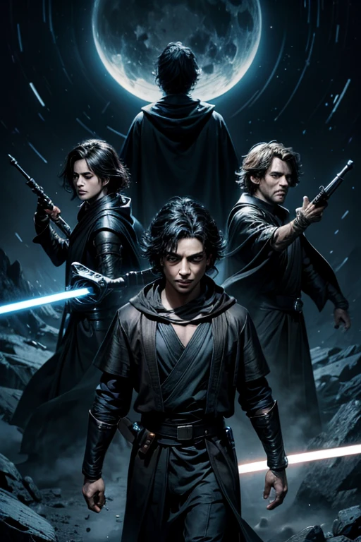 3 young male jedi knights, black robes , 4k ultra black hair , light sabers