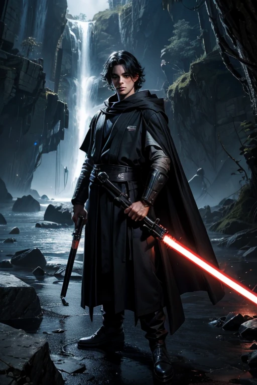3 young male jedi knights, black robes , 4k ultra  black hair , light sabers