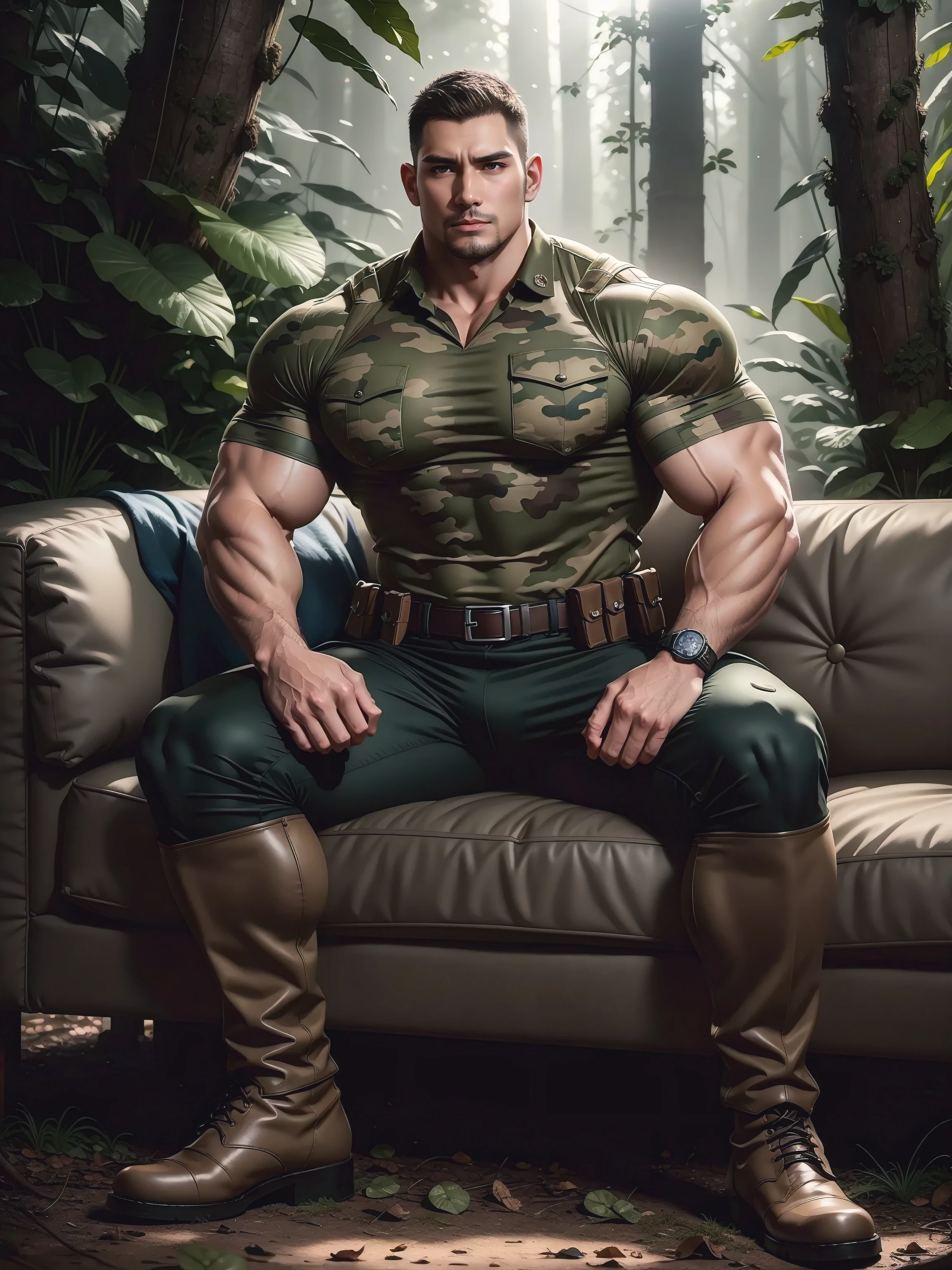 Sad frowning tall giant muscular man sitting in the forest,Dark brown camouflage military uniform,character design(Resident Evil - Chris Redfield,Chris Redfield)His hairstyle is a crew cut,身穿Dark brown camouflage military uniform,Matte texture,Soft and comfortable sofa,Sitting in the eerie sugar cane jungle, The body is wrapped in thick rattan,expression sad,Deep and charming eyes,Sapphire eye male protagonist,heroic masculine pose,Tall and burly,musculous!Charming leg muscles,tall, Burly, and strong, 身穿Dark brown camouflage military uniform, Super gain and cool, commission for high resolution, Big feet in black boots,Charming strong man,Bright sunlight shines on the body,Matte particles with shiny texture