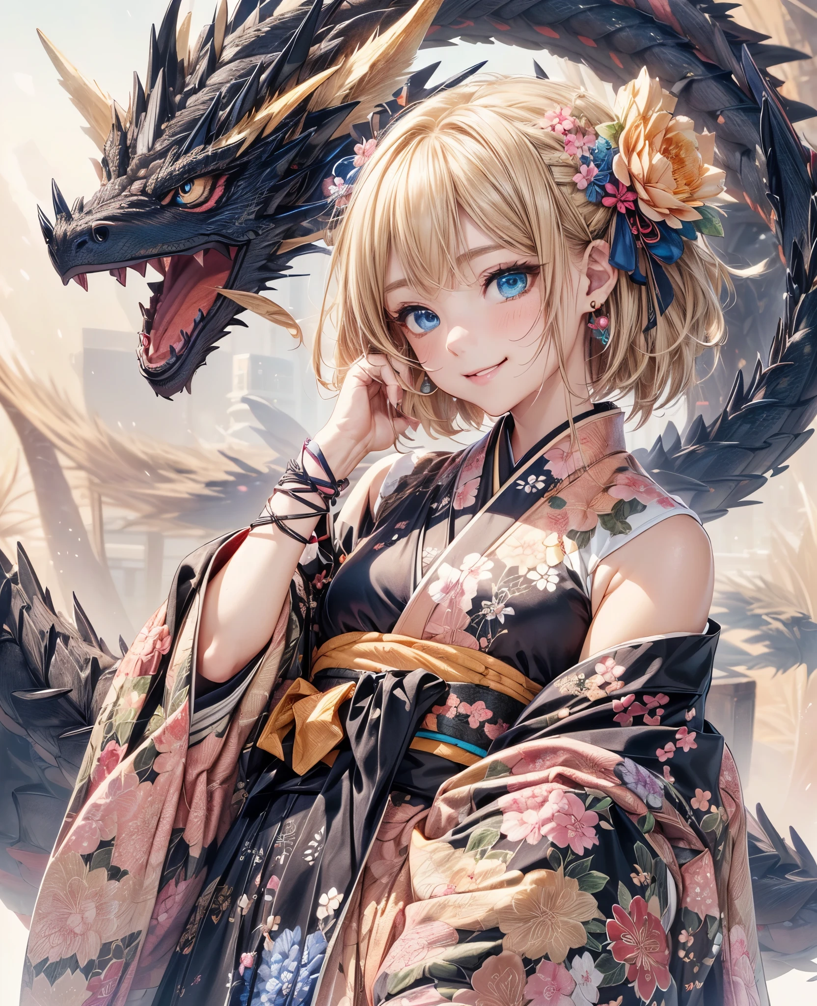 Melody Mark,of the highest quality,Best Masterpiece, (new year theme:1.4),(Japan girls:1.3),(A jet black dragon is behind me:1.4),(Jet black floral kimono:1.4),(Pink obi:1.2), (Highly detailed and colorful embroidery and fancy patterns:1.3), (off shoulders:1.4), (Geta:1.2),(Fancy hair ornaments:1.3),(super huge ribbon:1.2),in front of your waist:1.3),(1 fox girl),(A wistful smile: 1.3),red blush,(blonde short low tail: 1.4),Shiny hair, (Deep Blue Eyes:1.4),Small earrings,Small necklace,Kemomimi
