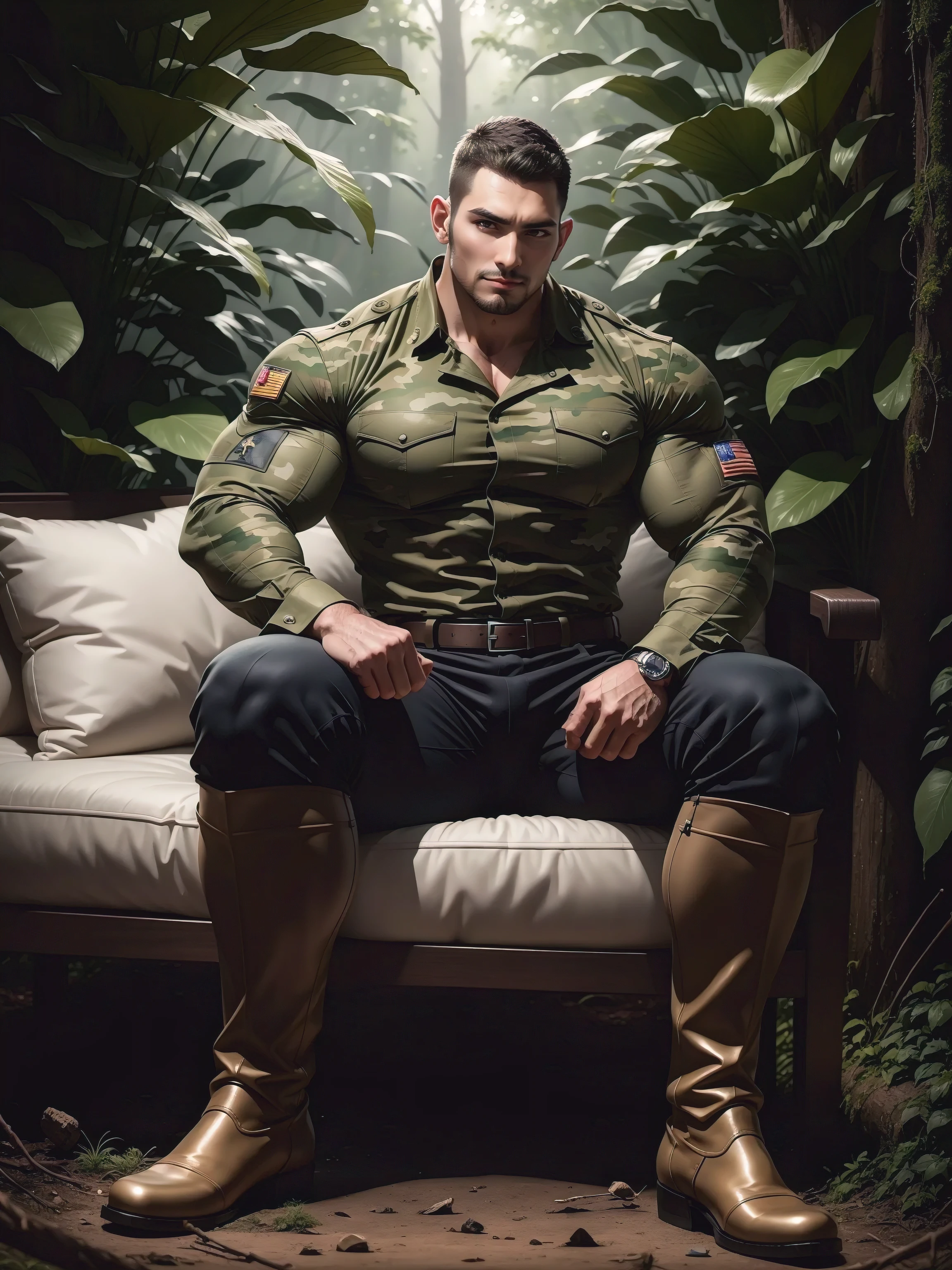 Sad frowning tall giant muscular man sitting in the forest,Dark brown camouflage military uniform,character design(Resident Evil - Chris Redfield,Chris Redfield)His hairstyle is a crew cut,身穿Dark brown camouflage military uniform,Matte texture,Soft and comfortable sofa,Sitting in the eerie sugar cane jungle, The body is wrapped in thick rattan,expression sad,Deep and charming eyes,Sapphire eye male protagonist,heroic masculine pose,Tall and burly,musculous!Charming leg muscles,tall, Burly, and strong, 身穿Dark brown camouflage military uniform, Super gain and cool, commission for high resolution, Big feet in black boots,Charming strong man,Bright sunlight shines on the body,Matte particles with shiny texture