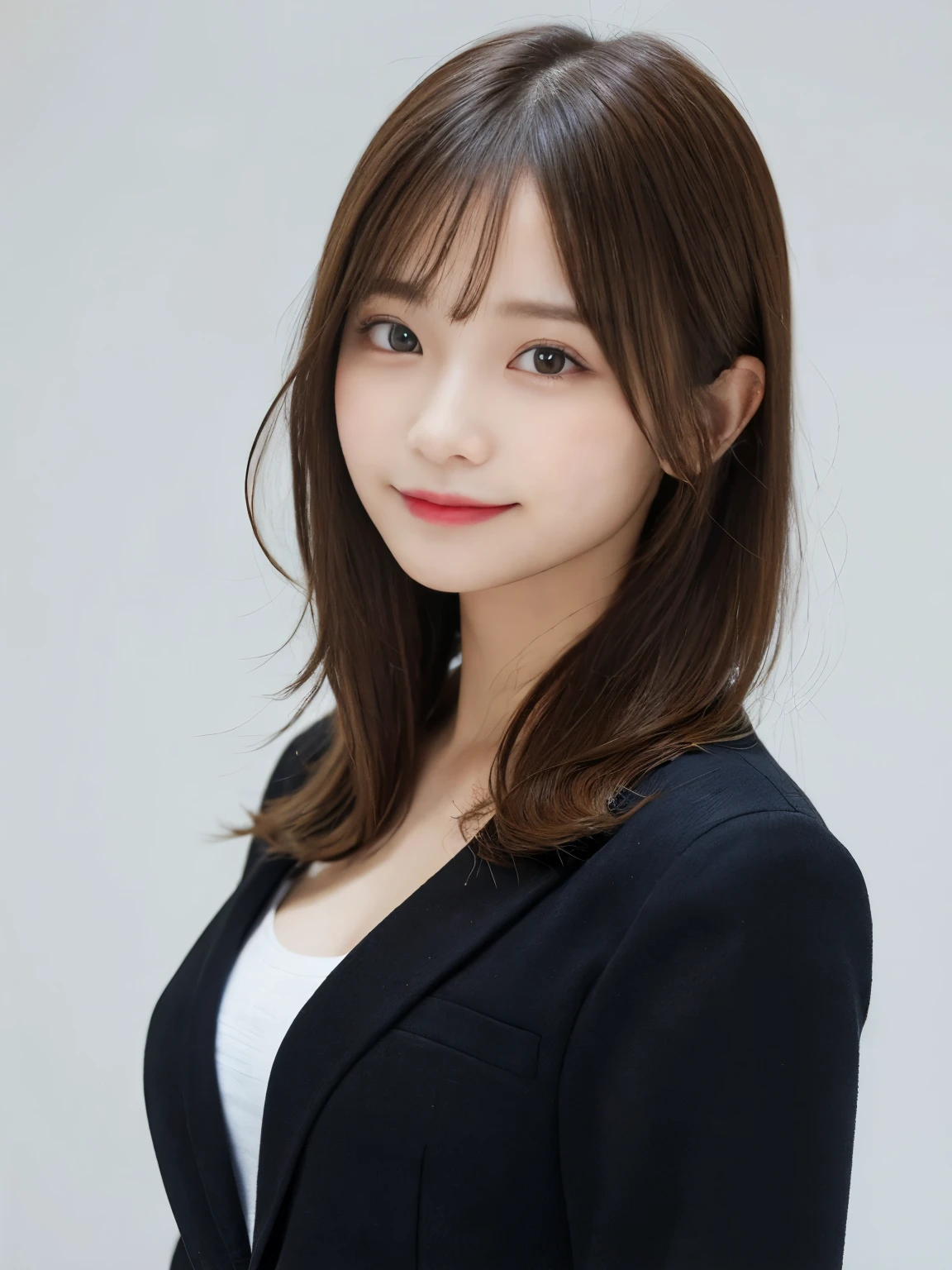masutepiece, Best Quality, Illustration, Ultra-detailed, finely detail, hight resolution, 8K Wallpaper, Perfect dynamic composition, Beautiful detailed eyes, she is wearing a black work suit,Medium Hair,Natural Color Lip, Smile,Harajuku、20 years girl、Cute、is looking at the camera、C Cup、Brown hair、with a pure white background