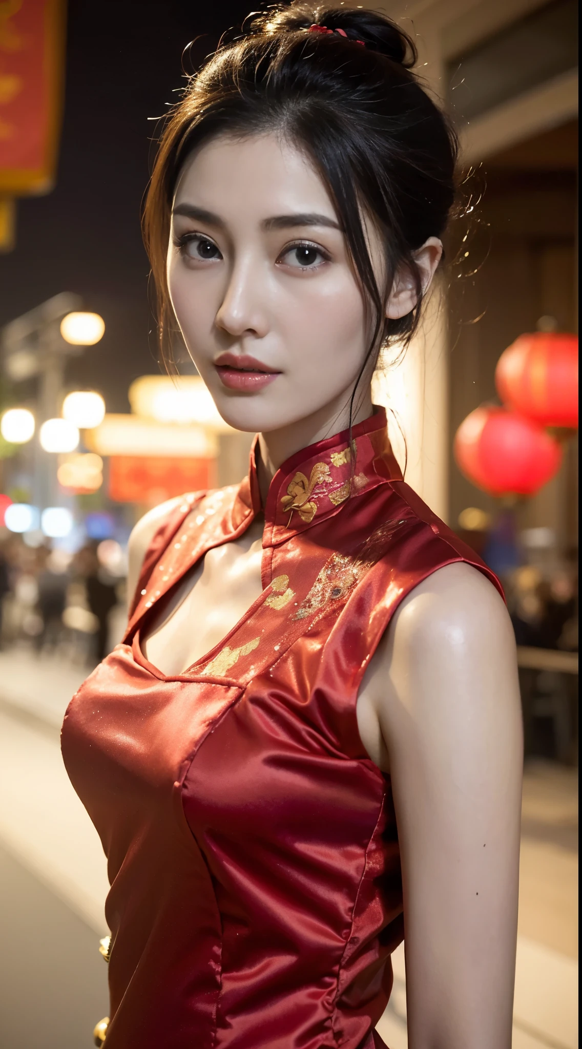 1 beautiful young girl, walking down a sidewalk with red lantern, (Street during the day),(New Year's Day celebration scene), red lantern, chinese lantern, Red Chinese cheongsam, Delicate face,Raised sexy,((((Bust photo)))),((Clear face_),((Close-up of the face)),street lanterns are shining, with lantern, hanging lantern, wearing red cheongsam, Baotou, China, Uptrend ,An attractive one, China-style, tmasterpiece