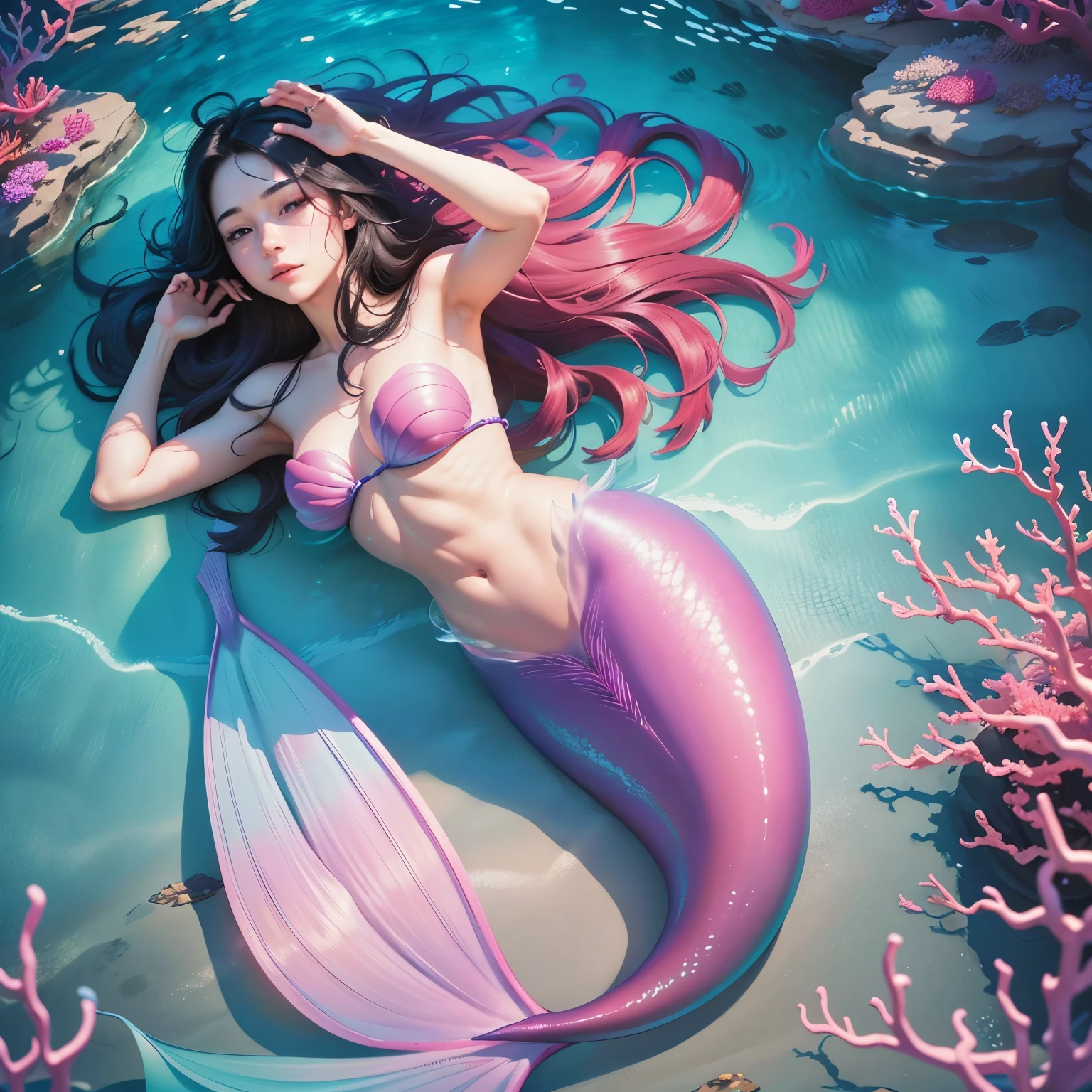 (best quality,4k,8k,highres,masterpiece:1.2),ultra-detailed,(realistic,photorealistic,photo-realistic:1.37),age boy,gender bending,fantasy transformation,pink-eyed,beautiful detailed eyes,long black hair with pink dye,happiness,cute mermaid,mermaid tail,seashell bra,checking her new body,shimmering scales,underwater world,colorful coral reef,magical underwater lighting,vivid colors,breathing underwater,endless ocean depths,sunlight filtering through the water,joyful expression,playful mermaid poses,floating gracefully,serene and peaceful environment,sparkling water,water reflections,ethereal atmosphere,subtle glow,whimsical and enchanting,mythical creatures,curious marine life,seahorses,dolphins,seaweed,seashells,blissful transformation,fantastical ocean adventure,beauty of the ocean depths