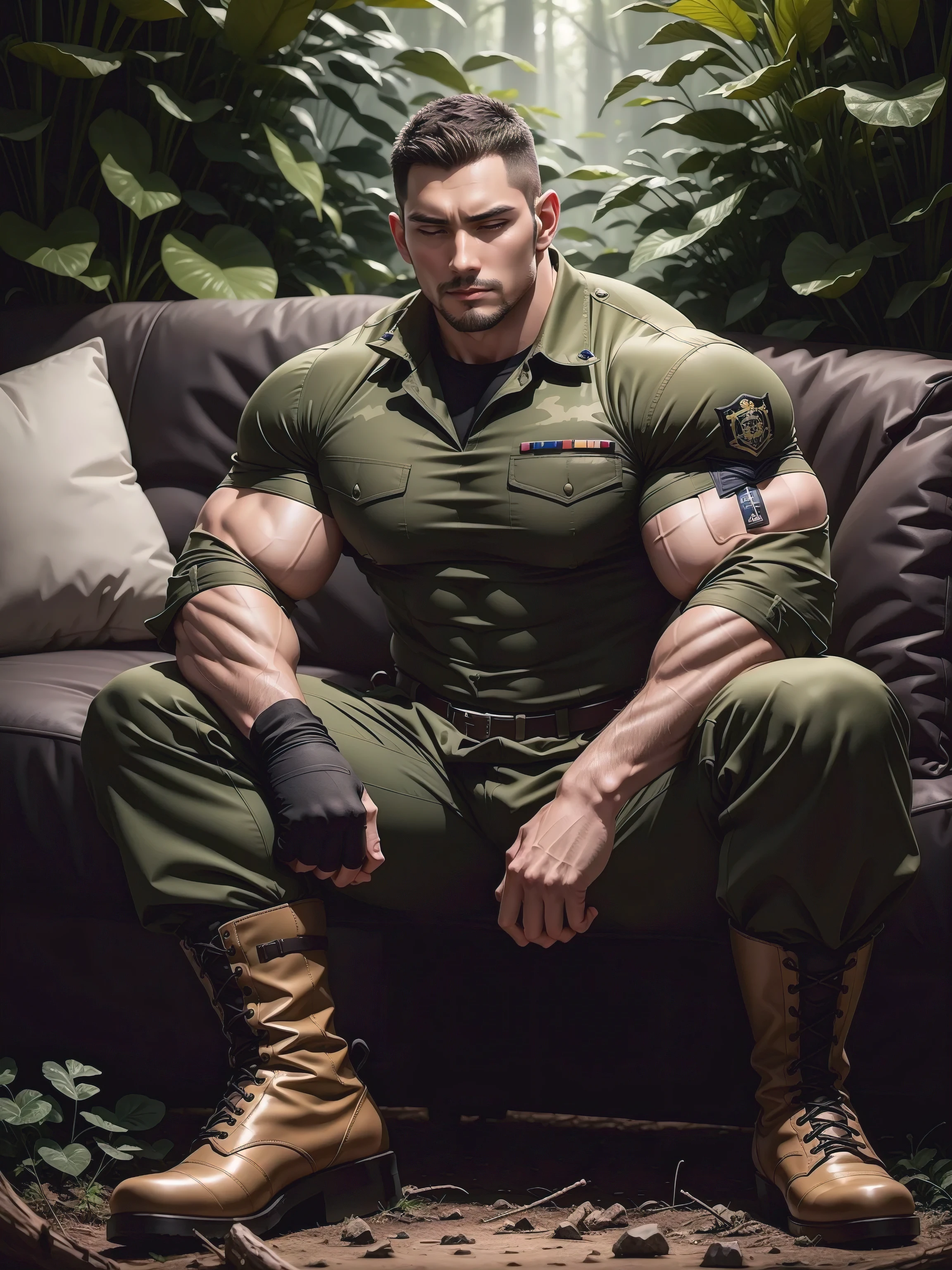 Sad frowning tall giant muscular man sitting in the forest,Dark brown camouflage military uniform,character design(Resident Evil - Chris Redfield,Chris Redfield)His hairstyle is a crew cut,身穿Dark brown camouflage military uniform,Matte texture,Soft and comfortable sofa,Sitting in the eerie sugar cane jungle, The body is wrapped in thick rattan,expression sad,Deep and charming eyes,Sapphire eye male protagonist,heroic masculine pose,Tall and burly,musculous!Charming leg muscles,tall, Burly, and strong, 身穿Dark brown camouflage military uniform, Super gain and cool, commission for high resolution, Big feet in black boots,Charming strong man,Bright sunlight shines on the body,Matte particles with shiny texture