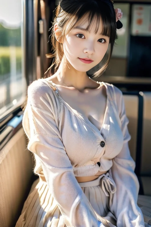 (((masterpiece))), (((cowboy shot,sitting in a standing seat)),(One beautiful Japan girl, Innocence,kawaii) ,超A high resolution, Realistic, ultra-detailliert, 8K,top-quality, Extremely detailed, blurry backround,A slender,small tits,very beautiful japanese girl, Detailed face:1.3), (Short hair like a boy,A dark-haired :1.4), (a ,kawaii系,adorable 10 year oPerfect body:1.1), (White sheer cardigan,Light brown pleated mini skirt), Sleeping with closed eyes,kawaii寝顔,A detailed face、Detailed lips、Detailed Big Eyes、small gravure idol,Transparent skin、lolita,carrying a small black backpack,Inside an empty train,leaning,Looking up from the ground,natta, Warm tones