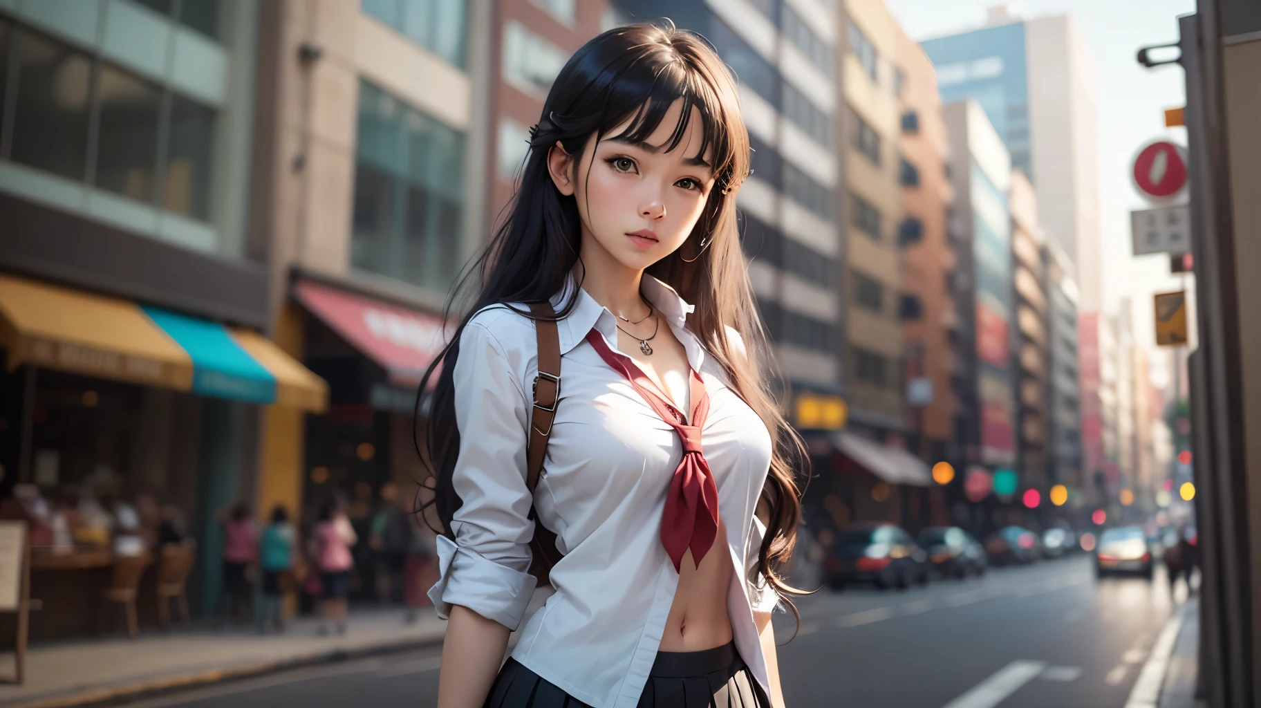 :masterpiece,best quality,official art,extremely detailed CG unity 8k wallpaper, photo, real, realistic, huge_filesize, girl, long hair, black hair, cute face, perfect_body, necklace, serafuku school uniform, pleated skirt, tokyo (city), professional lighting, Chest Shot(MCU), --auto --s2