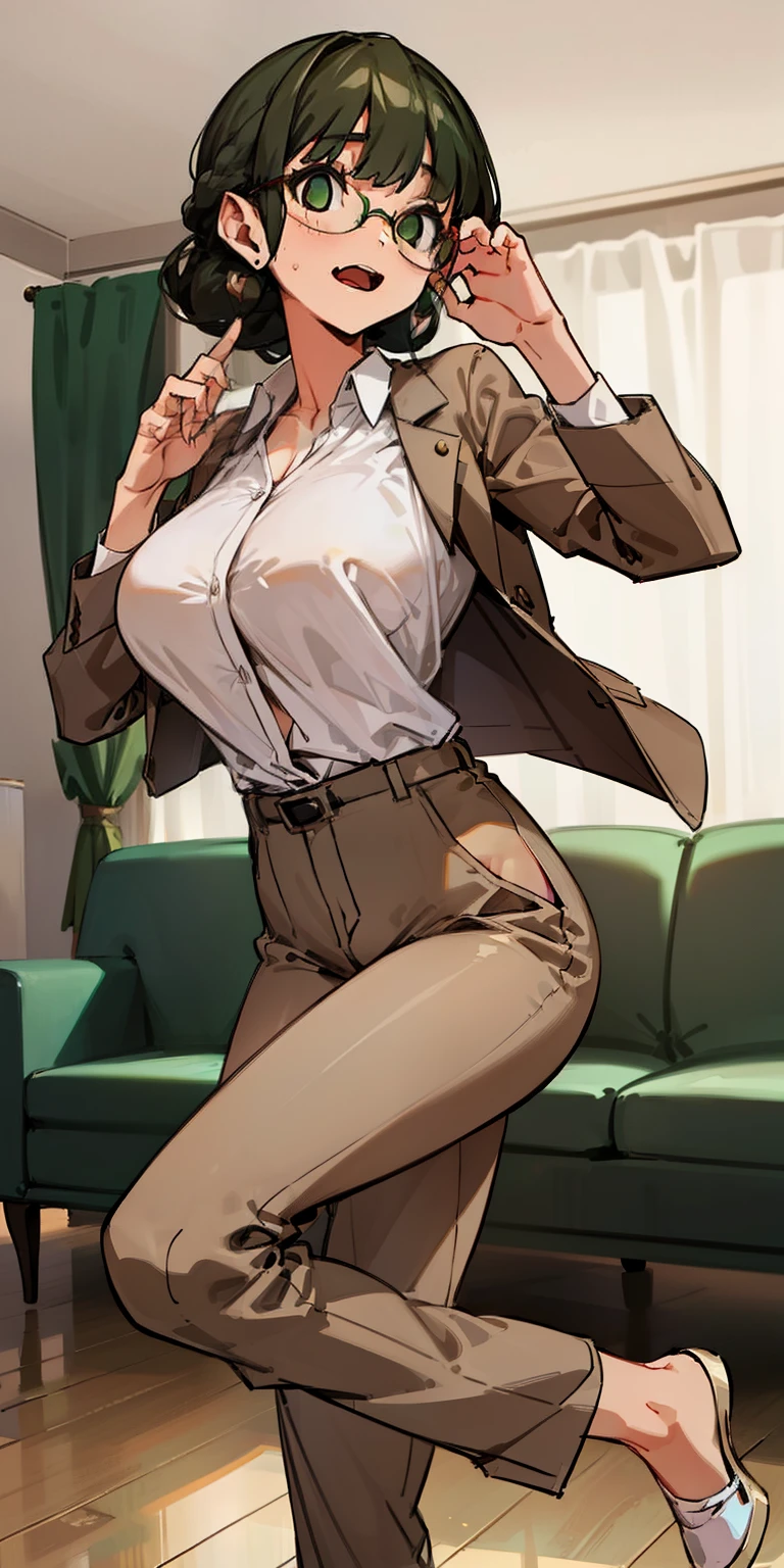 (Masterpiece), Best Quality, ultra-detailed, perfect hands(Delicate finger expression), perfect legs, Delicate eye expression, delicate face expression, 1girl(anosillus II: Sexy, Slender and sexy body, huge breasts, wide hips, spectacled, naked body, brown hair, green eyes(empty eye)), blank face,open mouth,Solo, nude, full body, brown jacket, white shirts , brown pants, in living room, dancing, She is doing a sexy dance in the living room. , Feminine curves, perfect body figure, sexy woman