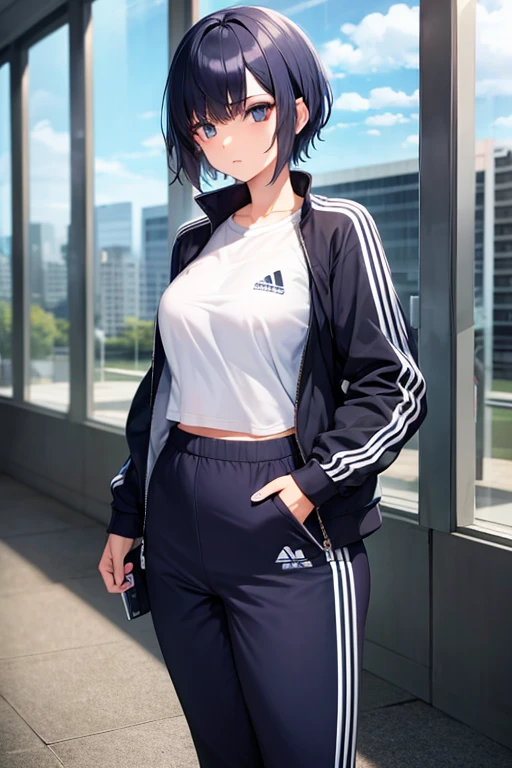 Cool girl, short hair, wear tracksuit