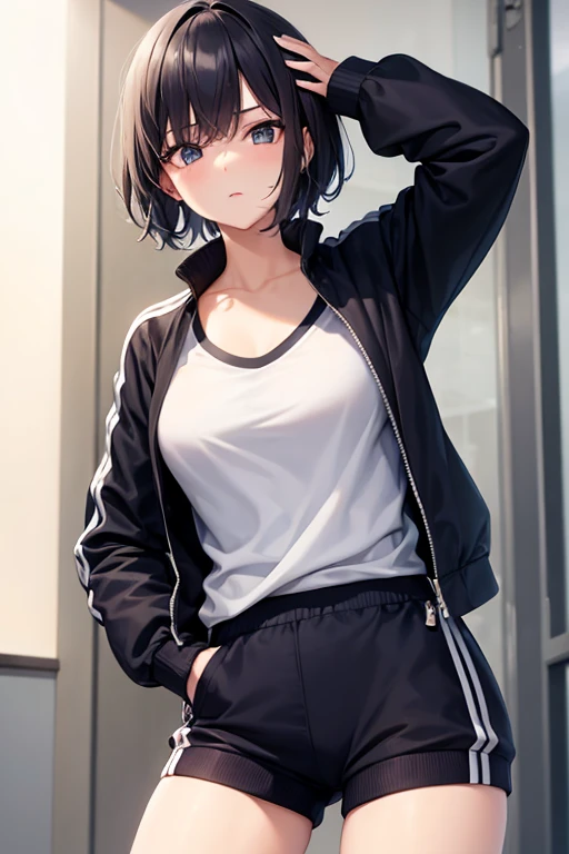 Cool girl, short hair, wear tracksuit