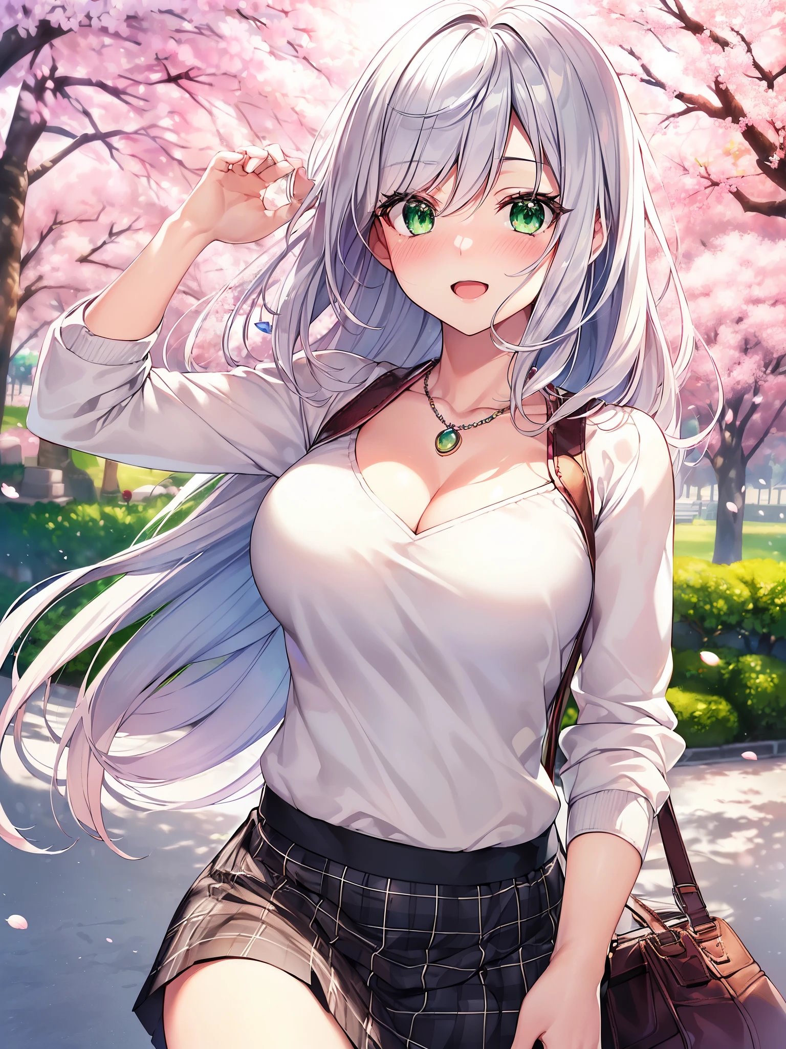 ((masutepiece, Best Quality, hight resolution, nffsw, Perfect Pixel, depth of fields, 4K, nffsw, nffsw))), 1girl in, Single, Solo, Beautiful anime girl, Beautiful Art Style, Anime Character, ((Long hair, Bangs, Silver hair)), ((Green eyes:1.4, rounded eyes, Beautiful eyelashes, Realistic eyes)), ((Detailed face, Blushing:1.2)), ((Smooth texture:0.75, Realistic texture:0.65, Photorealistic:1.1, Anime CG style)), ((medium , cleavagusty)), Dynamile, Perfect body, ((POV, Dynamic Pose, Portrait)), ((White sweater, Long sleeve, Black skirt, plaid skirts, Fashionable, 1 handbag, 1 Diamond Necklace, Visible bra:0.95)), Smile, Open mouth, amusement park, ((The cherry tree, Cherry blossoms fall))