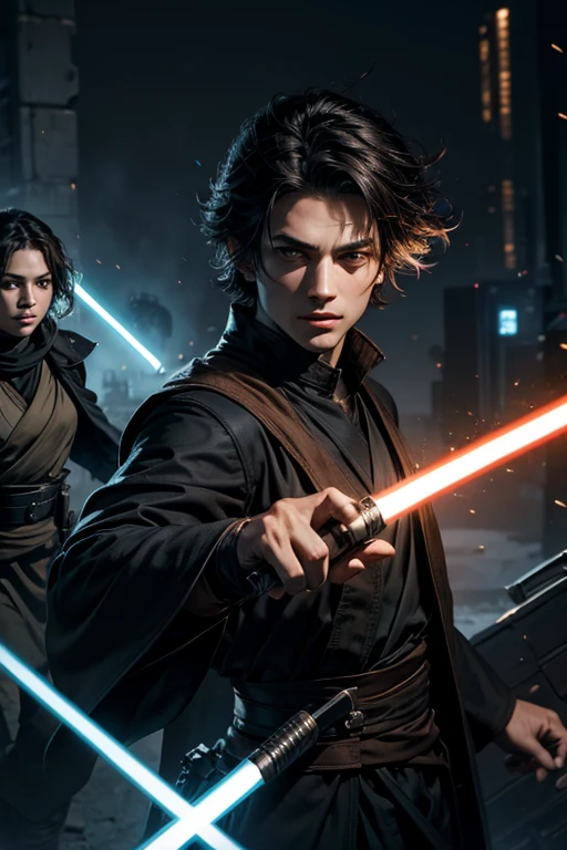 3 young male jedi knights, jedi robes , 4k ultra black hair , light sabers