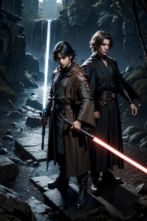 3 young male jedi knights, jedi robes , 4k ultra black hair , light sabers