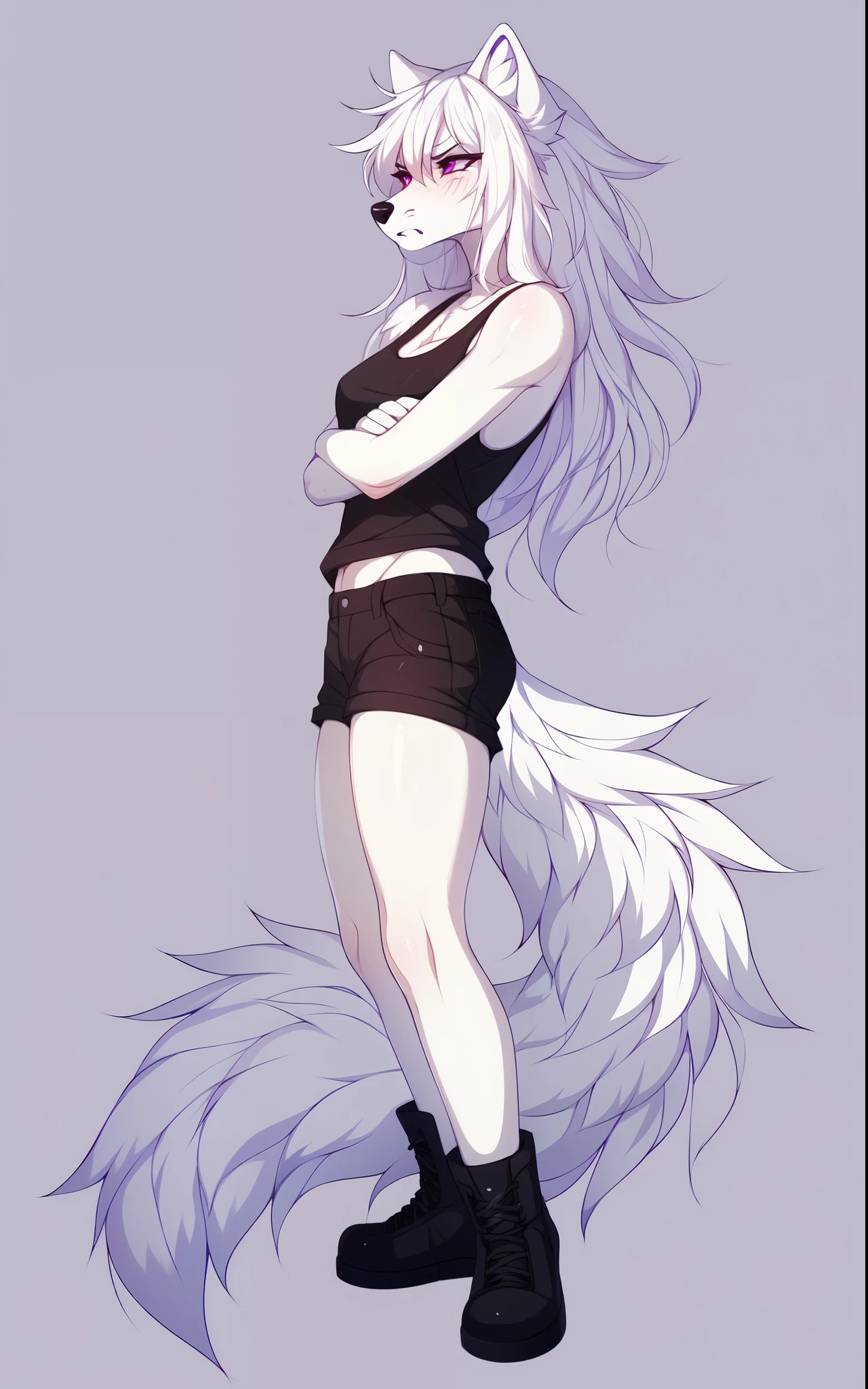 Solo, Naomi, all white wolf girl, long white hair, bangs covering one eye, feminine, purple eyes, white wolf ears, a single white wolf tail, cute snout, black nose, thick thighs, medium breasts, wearing black tank top, angry, pouting, squinting, arms crossed, standing, side view, looking ahead of herself, full body shot, by fumiko, by hioshiru, by hyattlen, white background, no background, blank background, wearing black tank top, black shorts, black boots