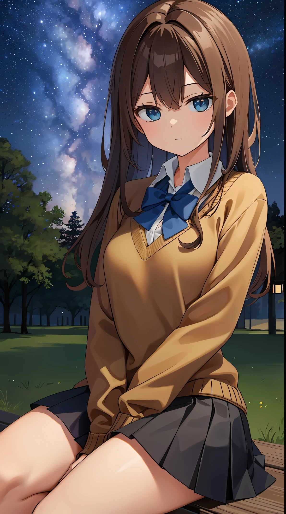 (in 8K, Raw photography, Best Quality, masutepiece: 1.2), high-definition RAW color photography, Professional photography, Cinematic Light, (1girl in), Solo, ((Brown hair, waved hair)), slenderbody, hair messy, School uniform, Collared shirt, Brown sweater, Long sleeves, , a black pleated skirt, Sitting, Large park, Night, Park at night, Spreading forest background, ((The Expanding Milky Way, Beautiful starry sky)), hand between my legs, Upper body, Locon,