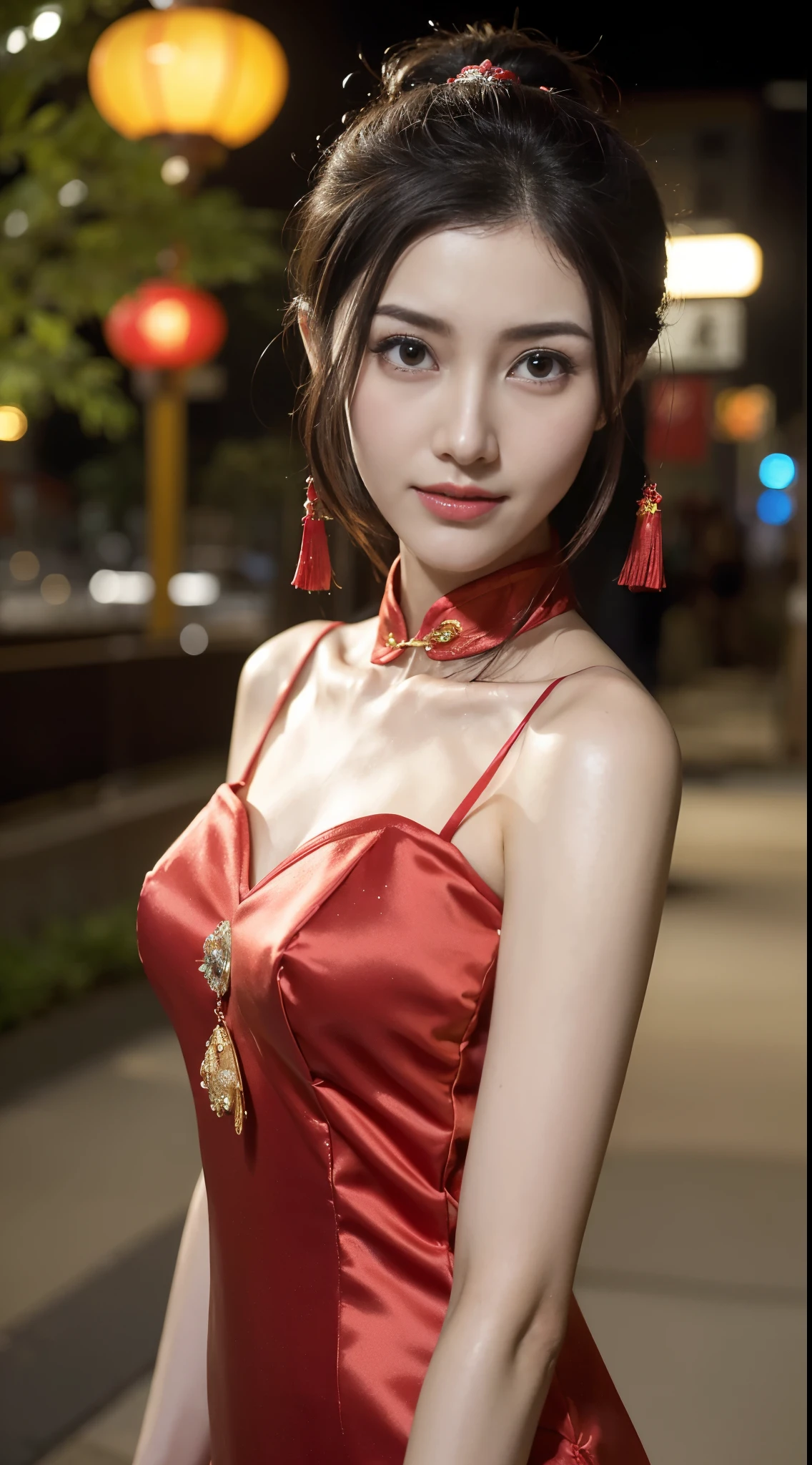 1 beautiful young girl， walking down a sidewalk with red lantern, (Street during the day)，（New Year&#39;s Day celebration scene）, red lantern, chinese lantern, Red Chinese cheongsam, Delicate face，Raised sexy，((((Bust photo))))，((Clear face_)，((Close-up of the face))，street lanterns are shining, with lantern, hanging lantern, wearing red cheongsam, Baotou, China, Uptrend ，An attractive one, China-style, tmasterpiece