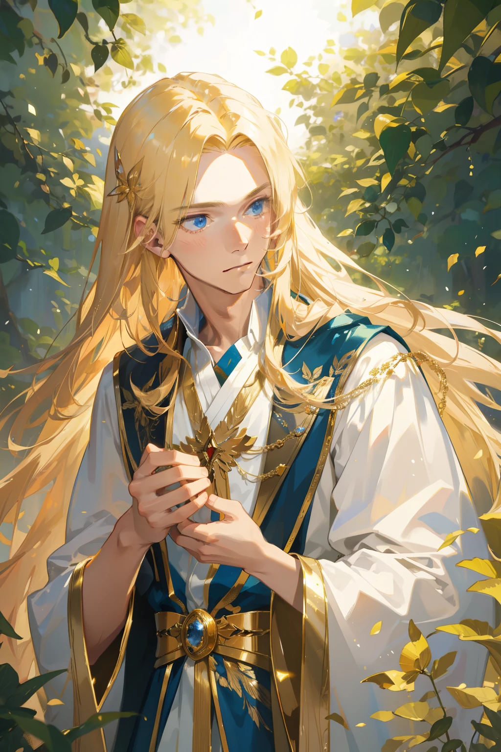 Masterpiece, Super-slim;, semi-realistic, Detailed facial features, 1boy, Golden hair, Long hair, in exquisite fairy costumes