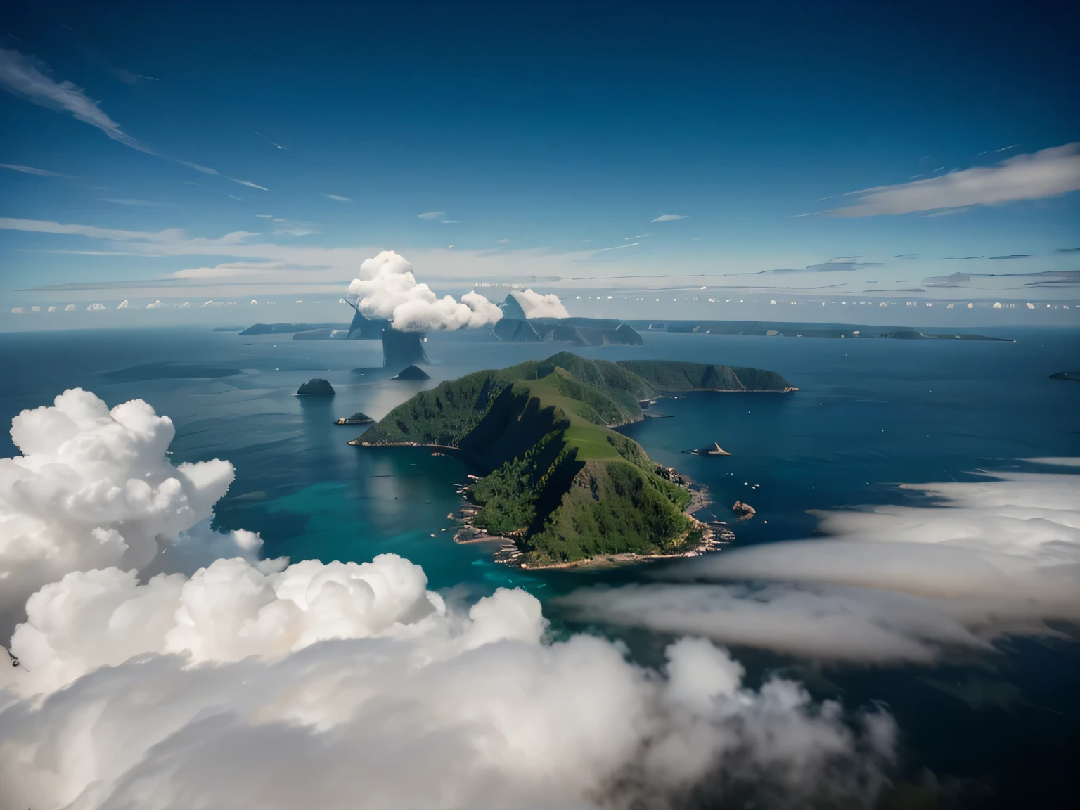 Islands suspended in the air by mysterious forces, each with its unique ecosystem and stunning views of the surrounding skies and landscapes. fantastical realism, hiper igual a image2image, Cores Naturais, luz natural, Imagem premiada, award-winning photography, The best photo ever taken, authentic photography with SLR canon f3.5 ISO100, Fundo desfocado, filmic grain, 8k