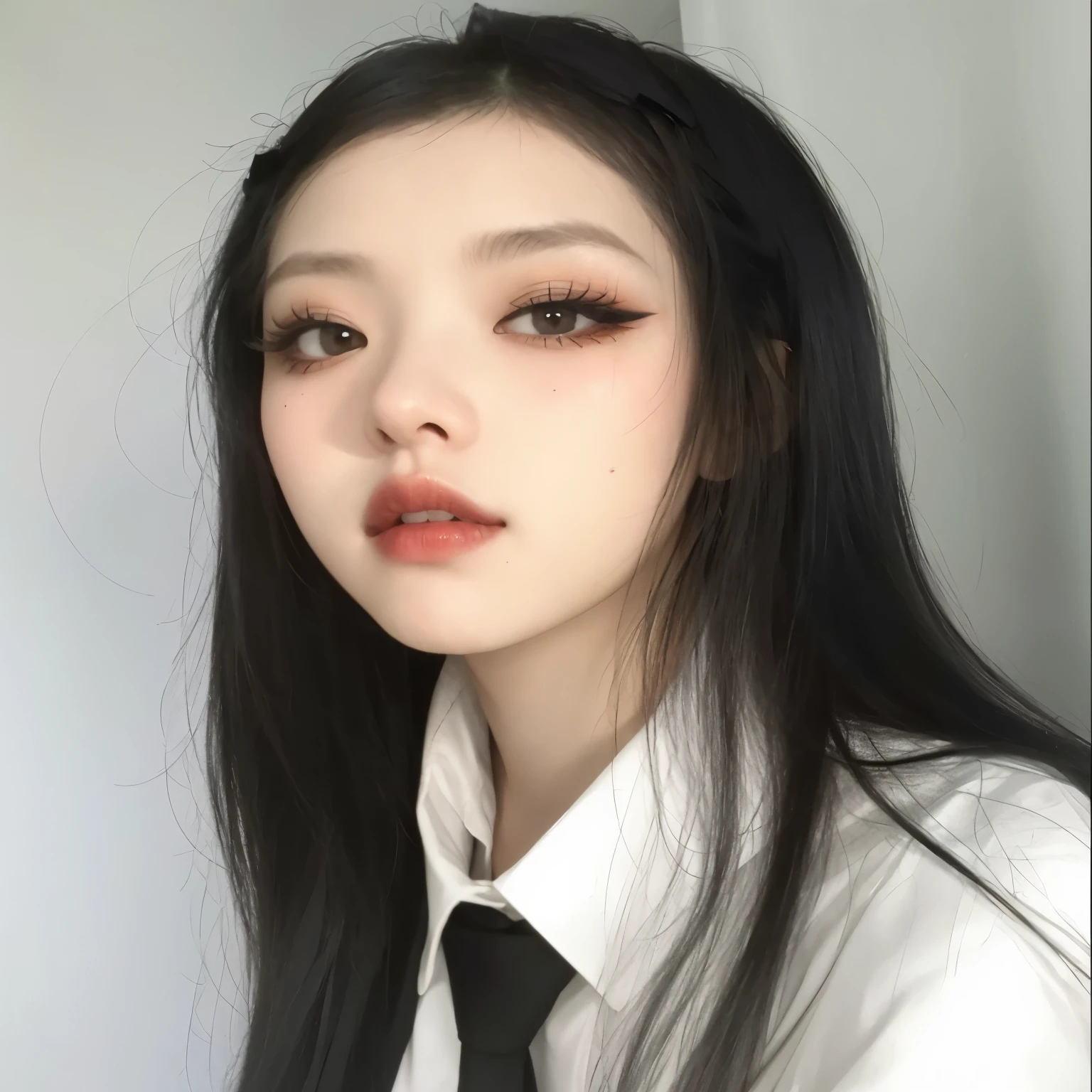 Hay una mujer con corbata y camisa blanca, cruel korean goth girl, Estilo de Junji Ito, Cara sexy con maquillaje completo, pale goth beauty, maquillaje popular de Corea del Sur, maquillaje coreano popular, Korean symmetrical face, 1 7 - year - old goth girl, pale porcelain white skin, Goth makeup, pale fair skin!!, goth girl aesthetic