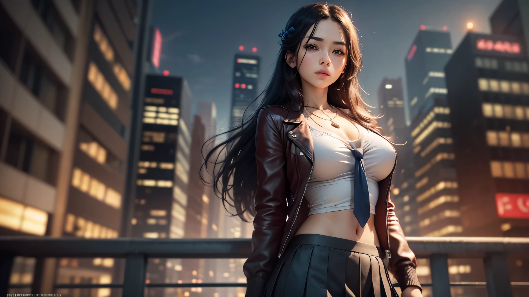 :masterpiece,best quality,official art,extremely detailed CG unity 8k wallpaper, photo, real, realistic, huge_filesize, girl, long hair, black hair, cute face, perfect_body, necklace, serafuku school uniform, pleated skirt, tokyo (city), professional lighting, Chest Shot(MCU), --auto --s2