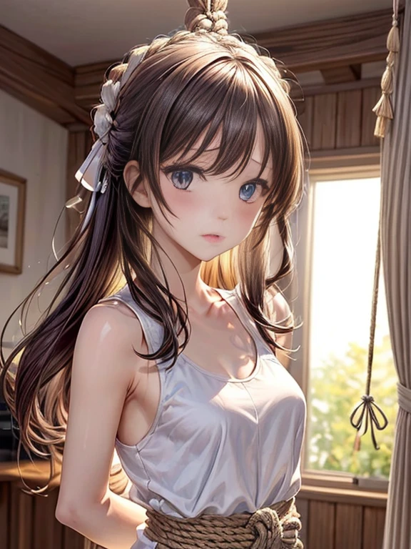 ((masutepiece)), ((Best Quality)), (Ultra-detailed), NSFW, ((torture room)), s, 1girl in, Solo, (white ruffle tank top dress),(Arms bound with rope are bound、Can be hung from the ceiling),srestrained,((thin waist)),(((waist tied with rope))),beautiful brown hair, beautiful blue eyes beautiful eyes), Long hair,Troubled expression