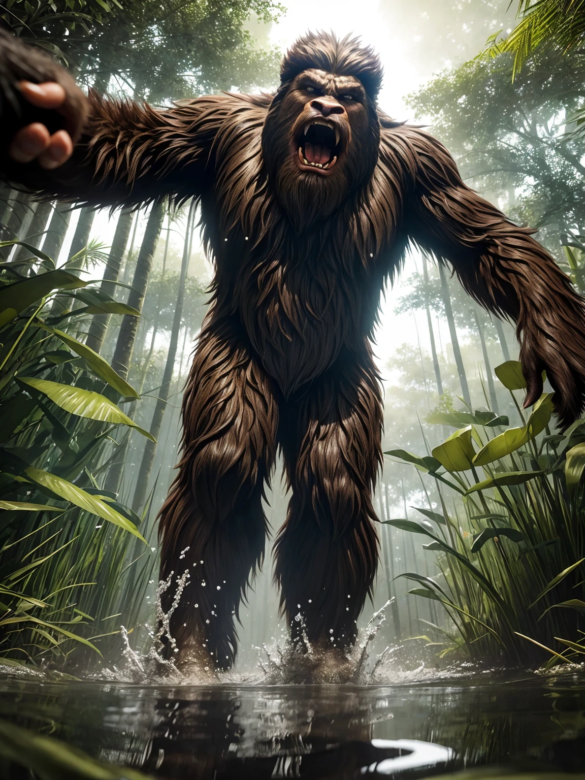 hyper-realistic close-up shot of a majestic angry Bigfoot, open mouth, fangs, walking in water towards front camera, its massive frame dwarfing the surrounding plants, wading through the murky waters of a swamp. The creature's eyes are intense and intelligent, and its fur is a mesmerizing blend of browns and black