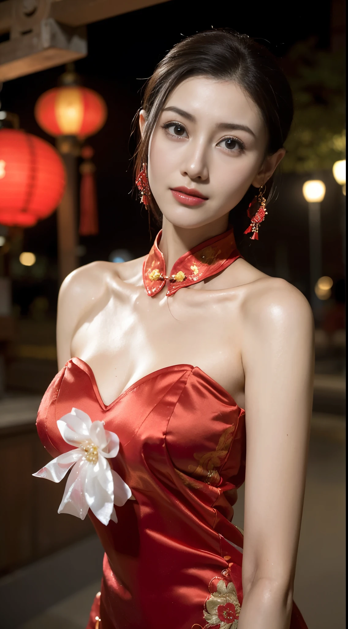 1 beautiful young girl， walking down a sidewalk with red lantern, (Street during the day)，（New Year&#39;s Day celebration scene）, red lantern, chinese lantern, Red Chinese cheongsam, Delicate face，Raised sexy，((((Bust photo))))，((Clear face_)，((Close-up of the face))，street lanterns are shining, with lantern, hanging lantern, wearing red cheongsam, Baotou, China, Uptrend ，An attractive one, China-style, tmasterpiece