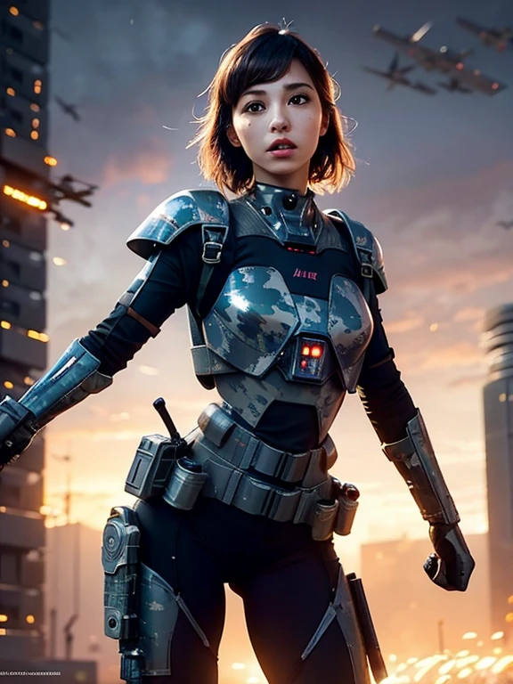 extremely detailed CG unity 16K wallpaper, (raw photography, cyberpunk:1.3), science fiction, (photorealistic, highest quality, masterpiece:1.2), (correct anatomy:1.5), POV, (from front:1.4), (from blow:1.1), dynamic angle, 1 girl, ((female soldier with mechanize body:1.4)), solo, ((full body shot:1.2)), black hair, short hair, fairly detailed skin, tan, realistic and bright eyes, highly detailed nose and lips, expressionless, ((camouflaged-body armor, 1 large jetpack and wing on her back:1.5)), (((flying, holding 1 large blaster rifle:1.3))), slender, medium breast, (((outdoor, daytime, futuristic city, battlefield, shootout:1.5))), cinematic lighting, professional photo, depth of field, sharp focus, highest resolution, ultra high res