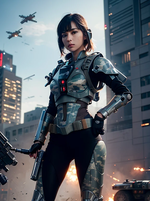 extremely detailed CG unity 16K wallpaper, (raw photography, cyberpunk:1.3), science fiction, (photorealistic, highest quality, masterpiece:1.2), (correct anatomy:1.5), POV, (from front:1.4), (from blow:1.1), dynamic angle, 1 girl, ((female soldier with mechanize body:1.4)), solo, ((full body shot:1.2)), black hair, short hair, fairly detailed skin, tan, realistic and bright eyes, highly detailed nose and lips, expressionless, ((camouflaged-body armor, 1 large jetpack and wing on her back:1.5)), (((flying, holding 1 large blaster rifle:1.3))), slender, medium breast, (((outdoor, daytime, futuristic city, battlefield, shootout:1.5))), cinematic lighting, professional photo, depth of field, sharp focus, highest resolution, ultra high res