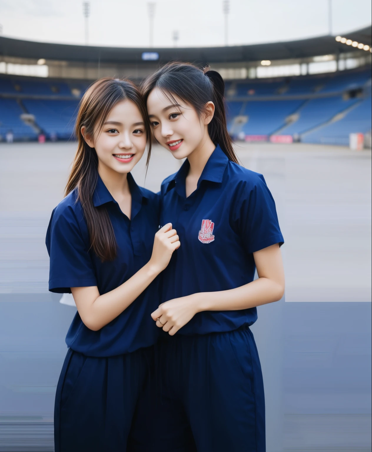 (bestquality,10,10,highres,masterpiece:1.2),ultra-detail,(Realistic,ภาพRealistic,photo-realistic:1.37),1 Cute girl in the football field,oily shiny skin,bara,light smile,BDclothelue shirt:1.3)),short sleeves,shirt, trousers.,(navy_long_ติดตามtrousers:1.1), ((Stadium Background:1.3)),dynamic angle,excited,face focus,Dynamic Poses,from behide,Ass Focus,masterpiece, bestquality, ultra realistic,((สวมwatch)), watch, hyper-detail, 8k resolution, RAW photo, crisp focus, ((Navy blue shirt:1.1)), short sleeves, เส้นทางlong, Complete bodyแบบ, 2 mature women, 18yo, cinematic light,trousersวอร์มสีน้ําเงิน,Gymware,Correct anatomy,Complete body, Correct body, sharp face, Correct bodyทางกายวิภาค, full entire body,((สวมlook viewer)), look viewer, Realistic gestures, long-haired, Realistic poses,Wear long shorts..............................,ช่วงขาlong,Shapely,Sculpting Girl, Slender Figure, mannequin mannequins, Shapely, Beautiful body,trousersวอร์มสีน้ําเงิน, Two girls kissing