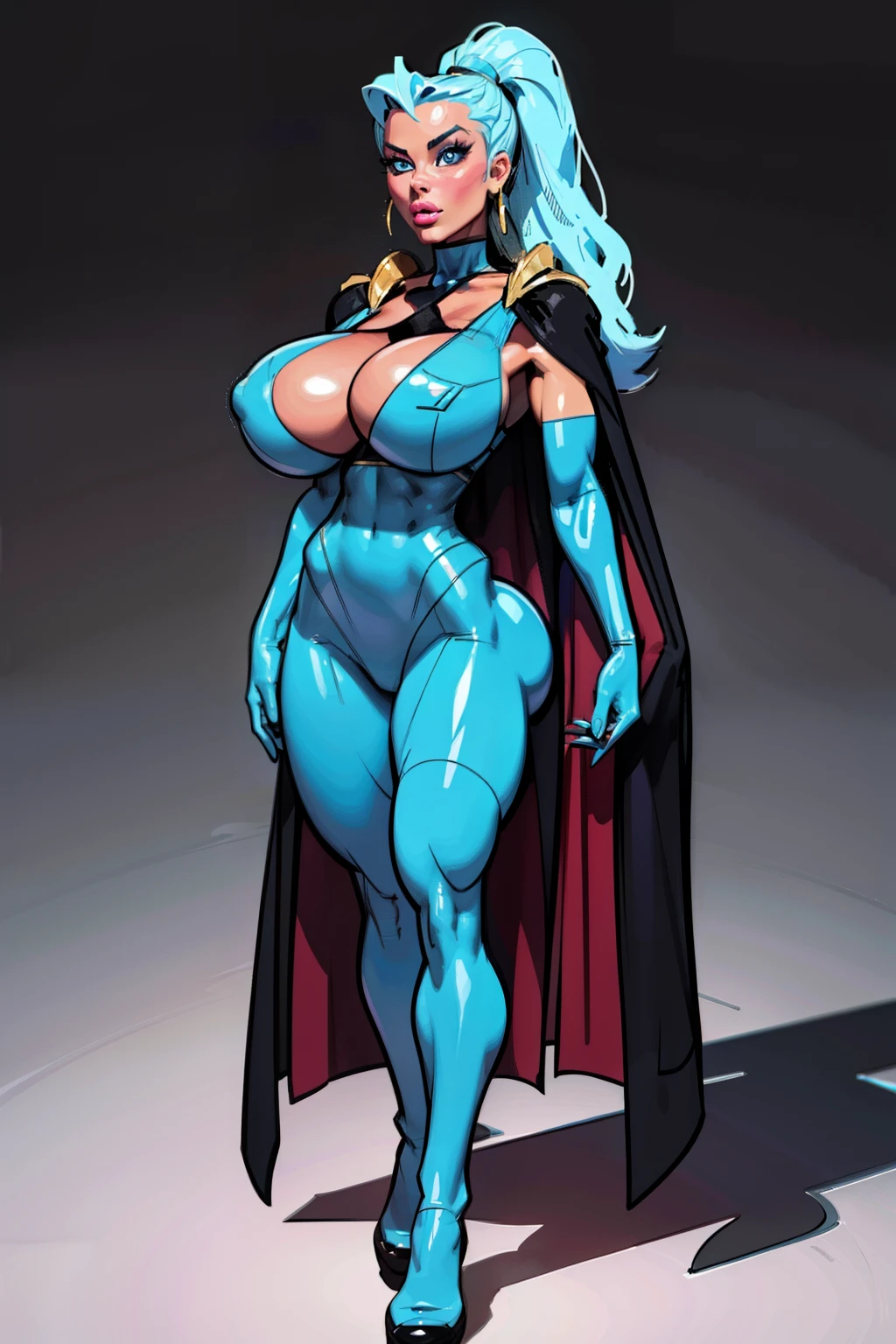 Generate an illustration of a mature Clair, gym leader of pokemon, ponytail, holding a poke all, de terno preto, long hair, hair flows straight down, darkblue hair, (gigantic breasts:1.4), blue outfit in anime format with a serious style, (black cape), blue tights, blue boots, gothic make up, masterpiece, dark lighting, black background, puffy lips,slendered abs, beautiful face,
