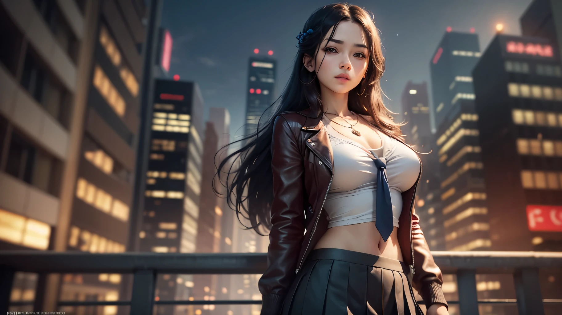 :masterpiece,best quality,official art,extremely detailed CG unity 8k wallpaper, photo, real, realistic, huge_filesize, girl, long hair, black hair, cute face, perfect_body, necklace, serafuku school uniform, pleated skirt, tokyo (city), professional lighting, Chest Shot(MCU), --auto --s2
