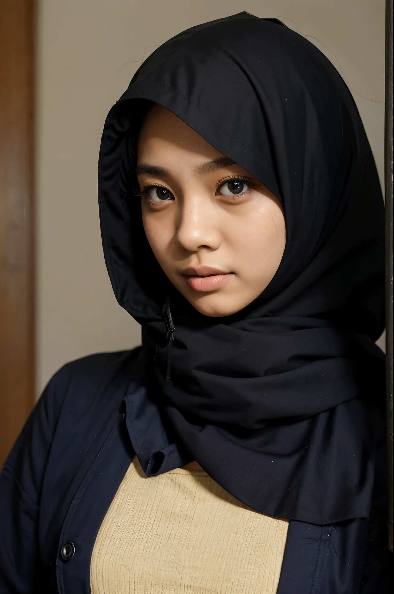 Hijab malay girl with school uniform, not wearing anything in inside
