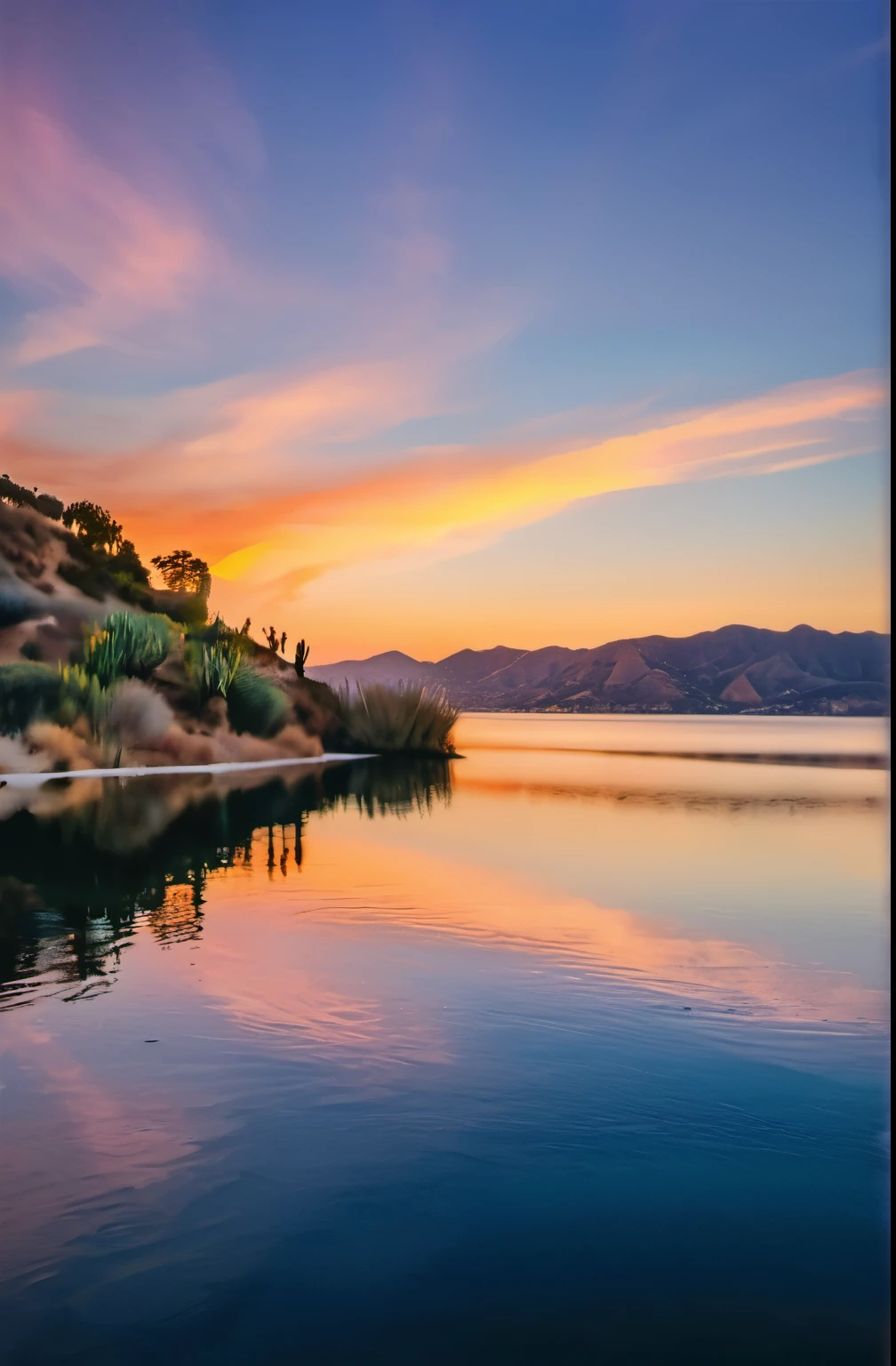 A serene of a sunset, big lake, smal savannah mountain, malibu vibes, nostalgic photo, highly detailed, high quality, professional photography,