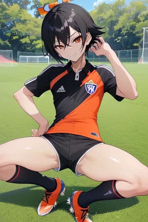 (((official art,Super thin illustration,High resolution, muste piece, best quality,best quality,)))high quality, detailed, ( boy),12 yealo)))、 A young ace striker male idol with a super cute face,A boy as beautiful as Planding, Cool handsome face with a smile, soccer spike, long legs, thighs, Foots, No bulge, (black hair、short hair)、shiny hair, (Tight shiny random color soccer uniform suit), (tight and shiny soccer shorts), (soccer socks), grassy area, cool pose, (厚いthighs、Seducing a big ass into your crotch)、(((soccer field in the park)))、((Saucy、))、grinning grin、spread legs,ultra fine painting, (best quality, In 4K, 8K, High resolution, muste piece:1.2),service shot、((detailedな目:1.2))、showing off his big butt、proud butt、