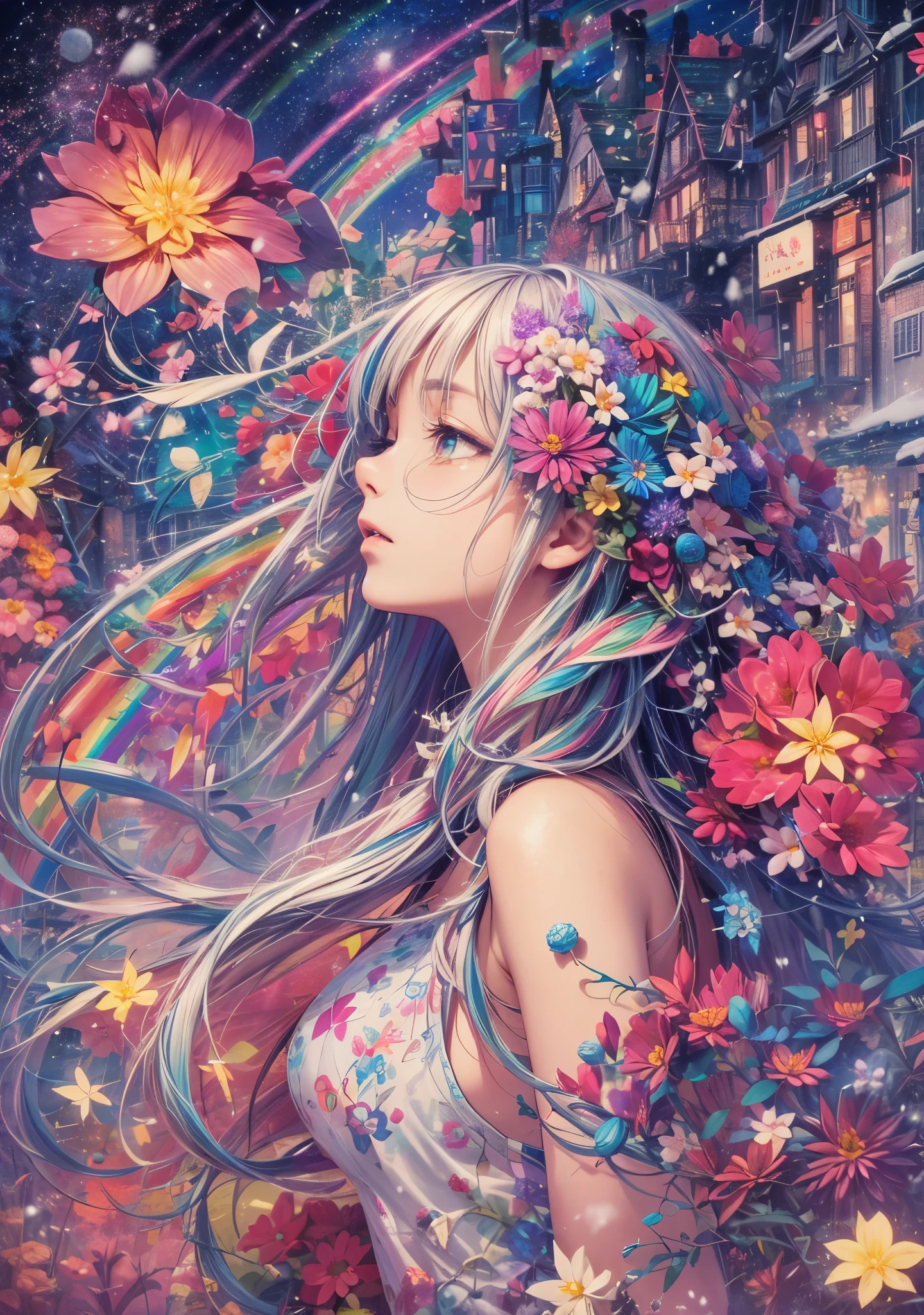 Melody Mark,top-quality、masutepiece、1womanl、独奏、(abstract art:1.4),(Psychedelia Theme:1.6),(Snow World:1.5),(At the center of the world is the most beautiful woman in the world),(many stars are falling:1.5),A ray of light spreads,Crystals spreading from the center,prisma(Nostalgic landscapes:1.5),(colorful flower:1.5),(fullmoon: 1.2),(rainbow: 1.3),(Warm light: 1.2), (firefly),intricate details,(dynamic compositions), Rich details and colors,Dreamy,My first kiss tasted like tears,love like a drama,The departure bell rang as if it had been predicted..,The cold winter wind caresses your cheeks,
i rubbed my hands with my breath,The city is illuminated with illuminations,it's like i'i cast a spell on you,Naked street trees shine,appreciate, goodbye, sad unrequited love,When i stop, i remember,Falling snow,it melted when i touched it,The body is trembling,The train is coming soon,It hurts now,i want to connect,How much did you want it?,
This hand is empty,This is what goodbye means,i also know that you are kind.,Let go of this hand,i'it was nice to meet us,i like you,it'It's okay to cry just for now,i don'I don't need words anymore,please hold tight,