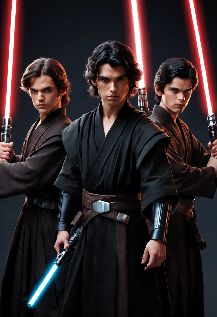 3 young male jedi knights, black robes , 4k ultra black hair , light sabers