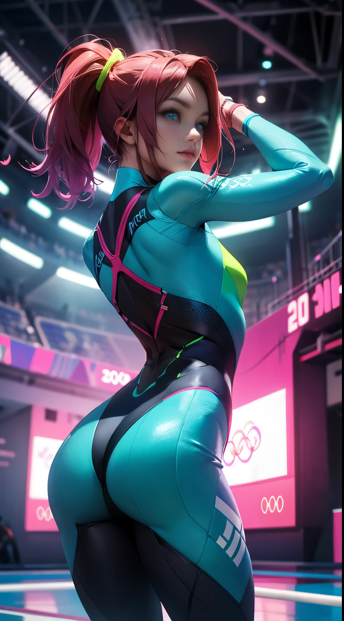 (rear view, rear view), (Best Quality, High Resolution, Ultra Detailed, Realistic), Indoor Olympic Gymnastics Arena, Ariana Grande, Long Red Hair. A slightly larger chest, wearing a turquoise and white leotard, gymnast, different sexy poses, (beautiful blue eyes), (background indoor olympic gymnastics arena Colors:1.4), (cowboy pose), (realistic), high detailed art 8K quality, Fanart Best ArtStation, Fantasy art style, (bodysuit neon yellow:1.4), blue hair,