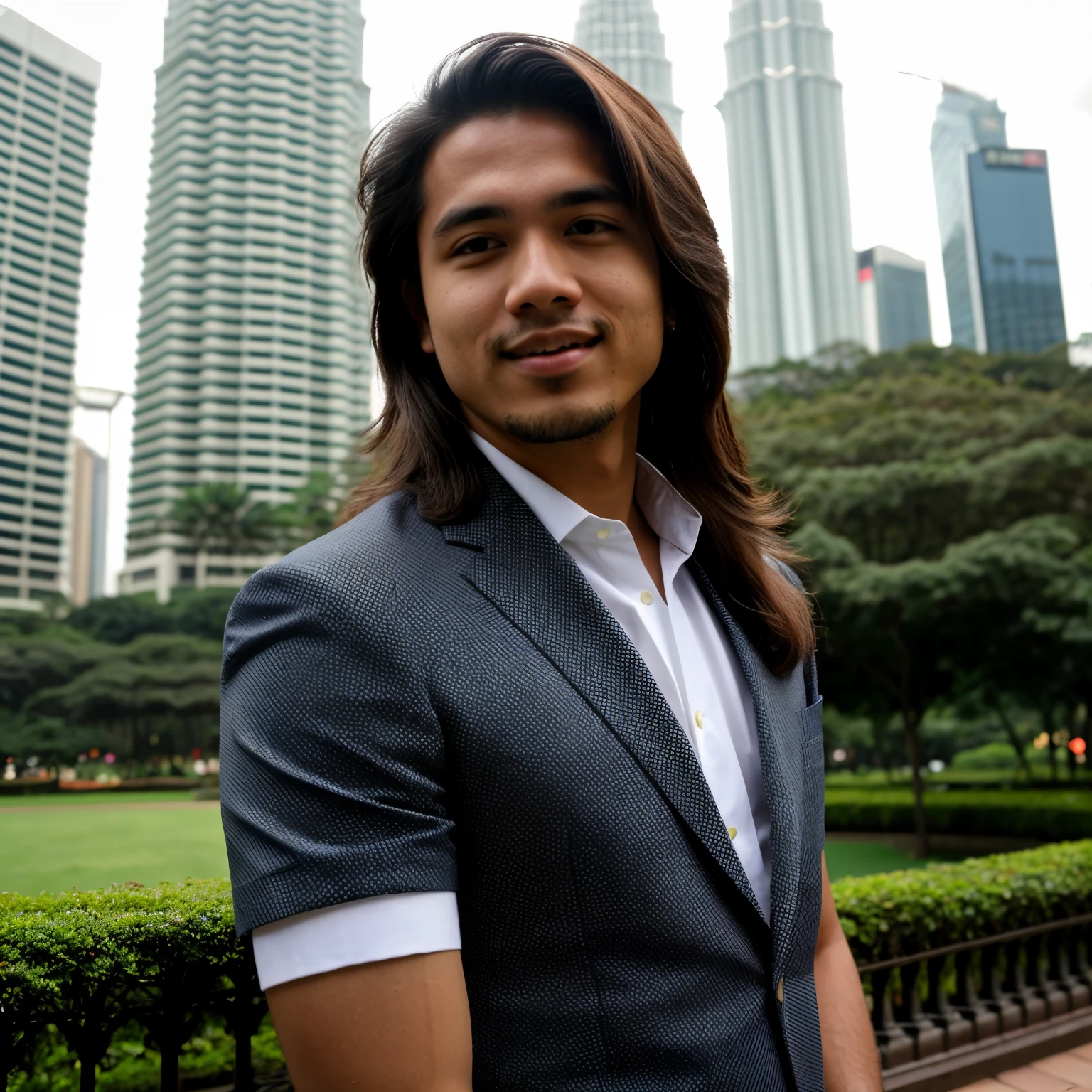 A young guy with business attire at klcc park. Young long hair. 8k resolution