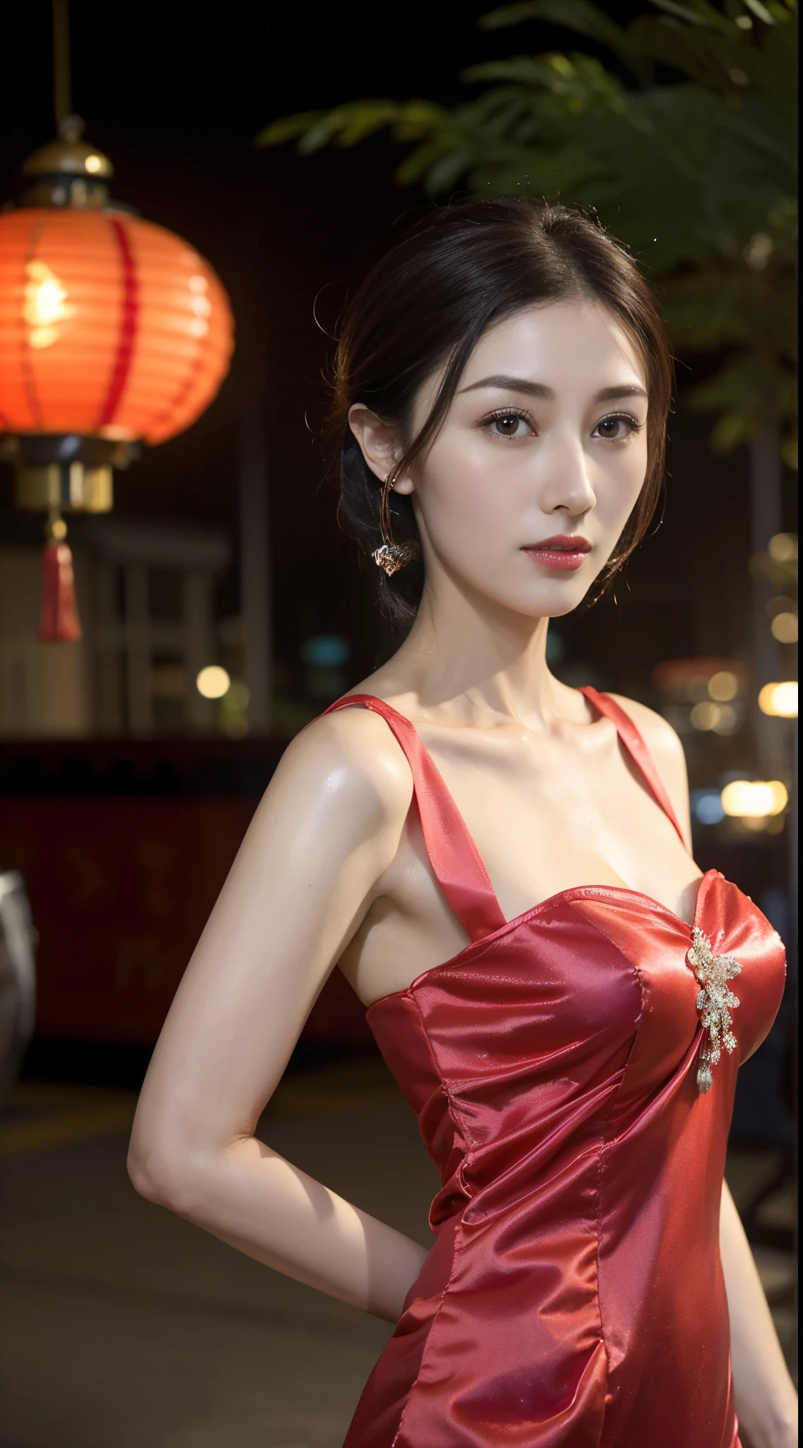 1 beautiful young girl, walking down a sidewalk with red lantern, (Street during the day),(New Year's Day celebration scene), red lantern, chinese lantern, Red Chinese cheongsam, Delicate face,Raised sexy,((((Bust photo)))),((Clear face_),((Close-up of the face)),street lanterns are shining, with lantern, hanging lantern, wearing red cheongsam, Baotou, China, Uptrend ,An attractive one, China-style, tmasterpiece