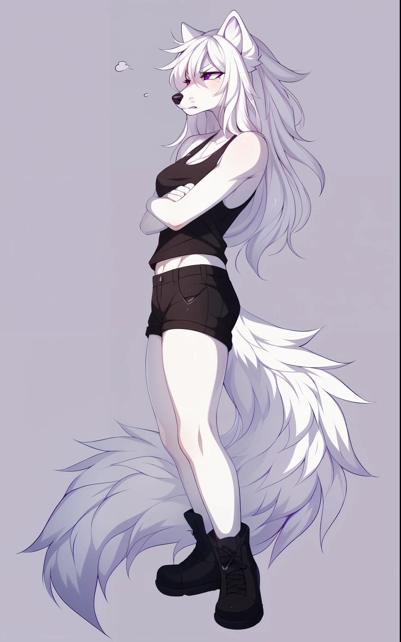 Solo, Naomi, all white wolf girl, long white hair, bangs covering one eye, feminine, purple eyes, white wolf ears, a single white wolf tail, cute snout, black nose, thick thighs, medium breasts, wearing black tank top, angry, pouting, squinting, arms crossed, standing, side view, looking ahead of herself, full body shot,  by fumiko, by hioshiru, by hyattlen,  white background, no background, blank background, wearing black tank top, black shorts, black boots