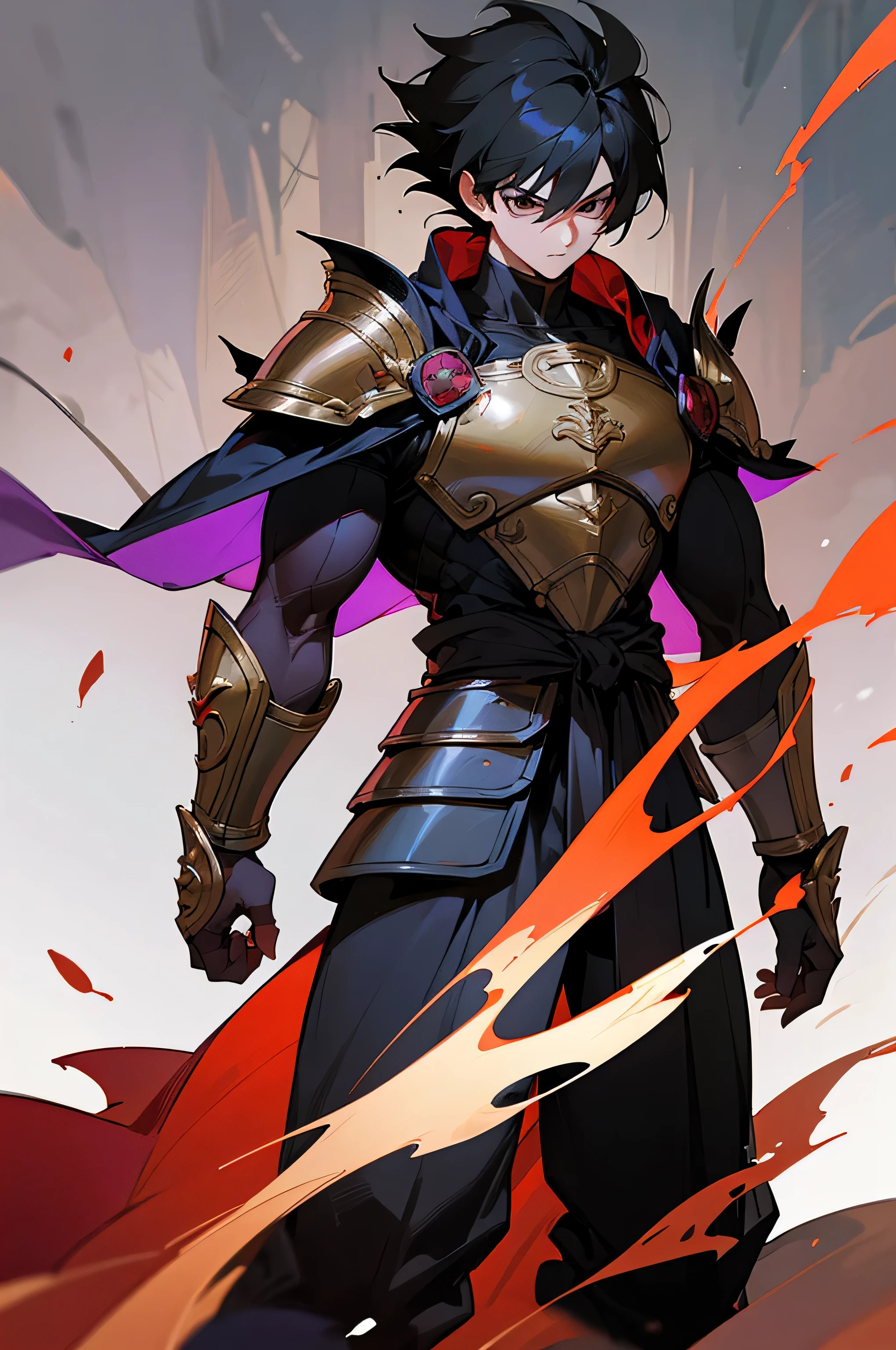 1male, young, black hair, short length hair, black eyes, red beast armor chest plate, black fighting pants, forest, full body, buff muscular, saiyan hair, masterpiece, solo, best quality, finely detailed eyes, intricate details, black and purple cape, detailed image