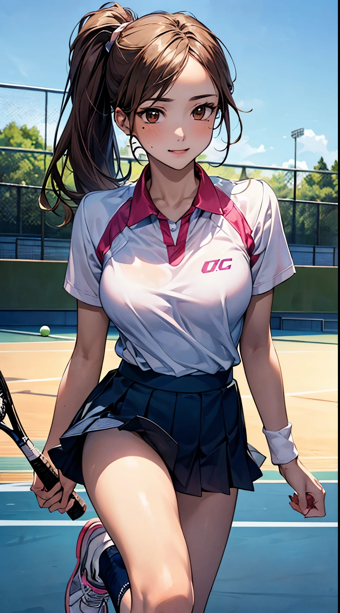 ((perfect anatomy, anatomically correct, super detailed skin)), 1 girl, solo, japanese, , tennis player, shiny skin, watching the view,
beautiful hair, beautiful face, beautiful detailed eyes, brown eyes, (long hair:1.7, side ponytail:1.5, light brown hair), babyface, monder eye,
beautiful clavicle, beautiful body, beautiful breasts, beautiful thighs, beautiful legs, large breasts:0.5, seductive thighs,
cameltoe, bare arms, bare hands, bottomless, closeup clavicle, break,
((symmetrical clothinetallic)), ((pink tennis uniform, short sleeve, shirt, skirt, socks, tennis shoes)), break,
(beautiful scenery), evening, ((tennis court)), (stadio:1.5)
smile, standing, walking, flipping skirt, put finger to lips, break,
(8k, top-quality, masterpiece:1.2, extremely detailed), (photorealistic:1.2), beautiful illustration, depth of fields, natural lighting,