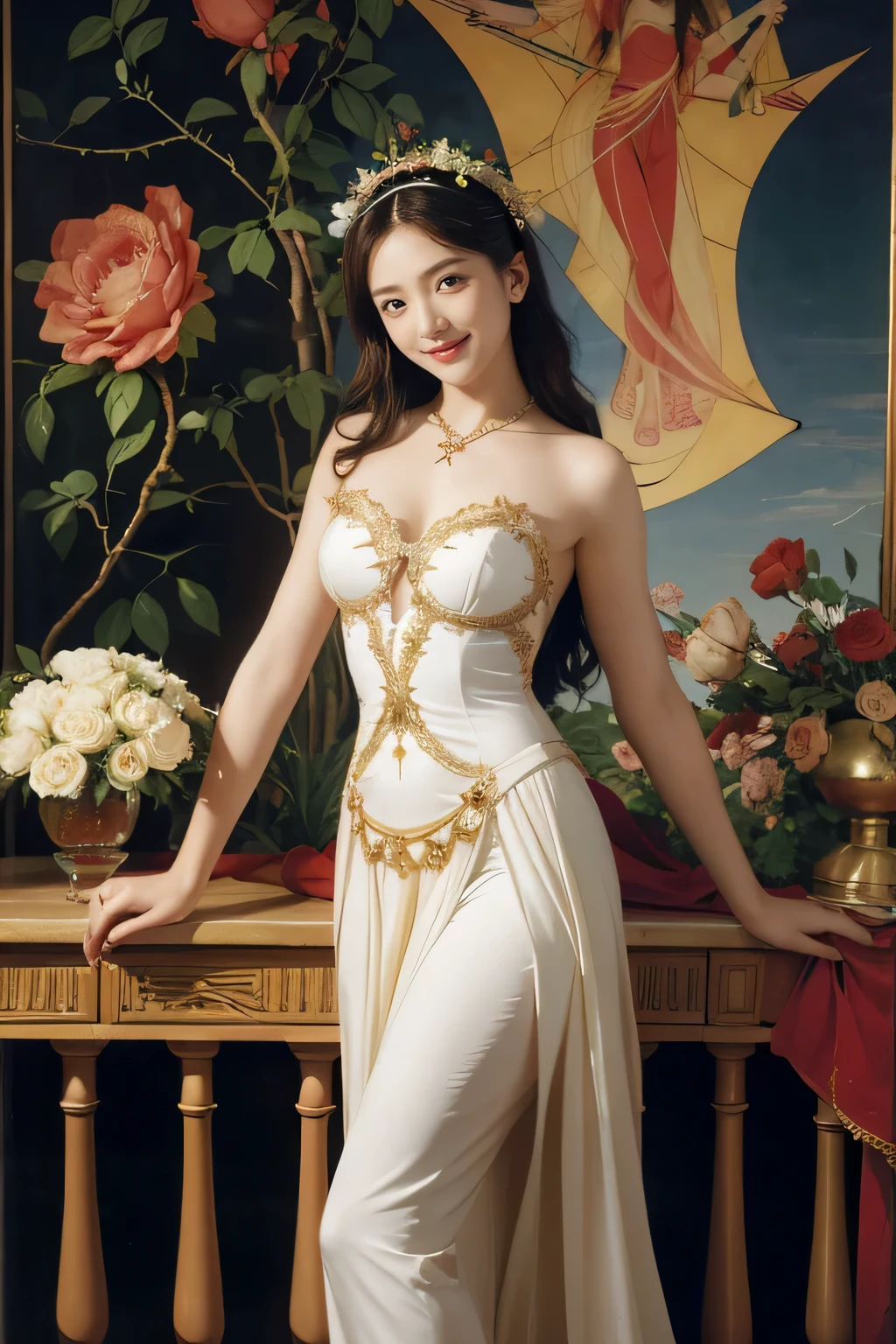 Geometry,stain glass,12 zodiac signs,Vigée Leblanc style,Math、Astronomical utensils,astronault,Roses in a vase,fruits,cute little,A smile,Ancient Greek costumes,Paintings by Sandro Botticelli,Costume with stretched shoulders,huge smile,large full breasts,Ecstasy expression,A sexy,Beautiful bare skin,under below