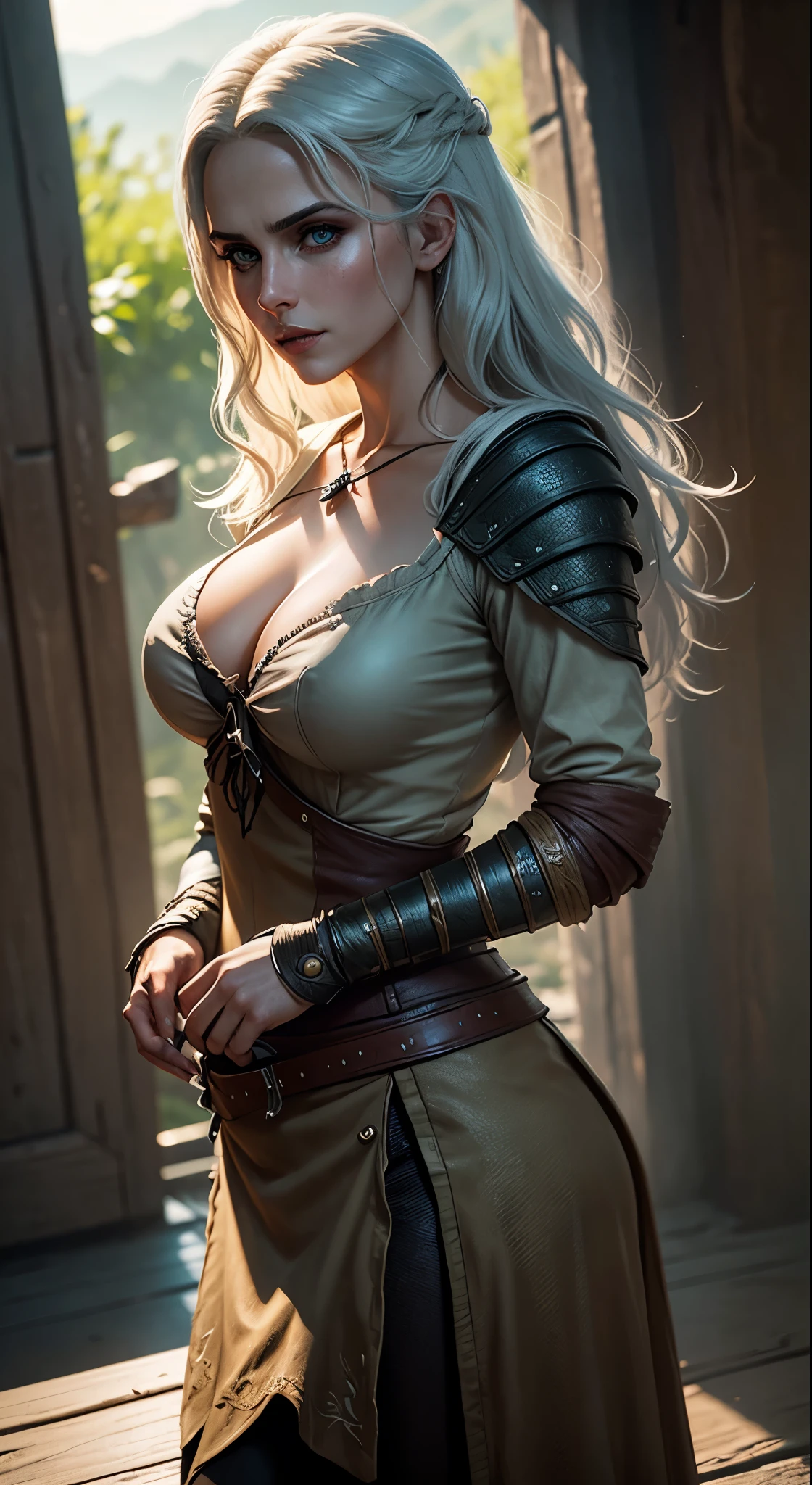 Young woman, elf woman, elf ears, elven woman, long cascading blonde hair, voluptuous body, huge breasts, wide hips, tight leather rogue outfit, (tavern background) (4k image) (highest quality)