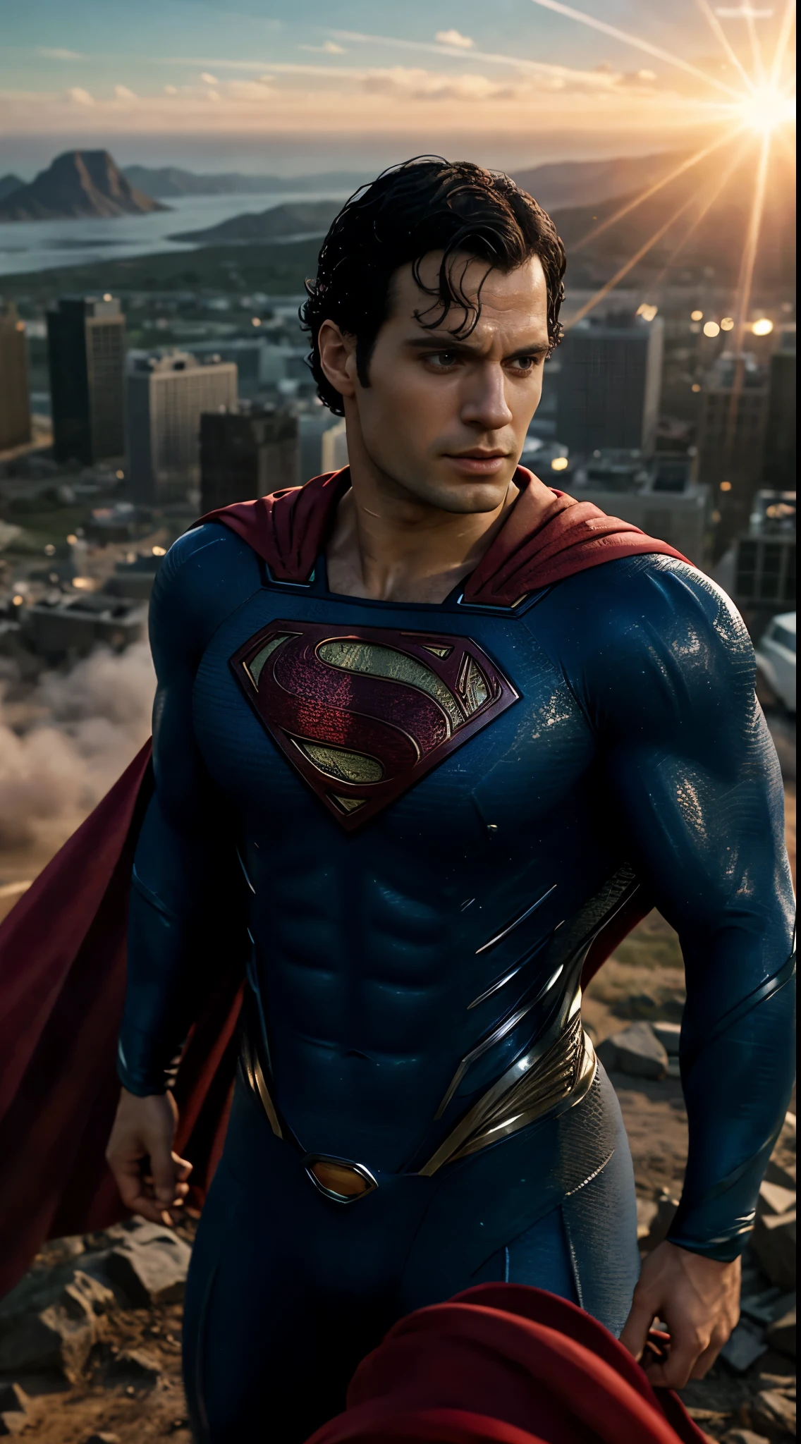 superman in a scene from the movie man of steel, herry cavill, movie still 8 k, by Zack Snyder, textless, cinematic action shot, wojtek fus, cinematic shot!, superman, henry cavill, cinematic close shot, with cinematic lighting, superman pose, cgi 8k, superman emerging from the sun, dramatic cinematic action shot, henry cavill as superman, torn clothes after battle