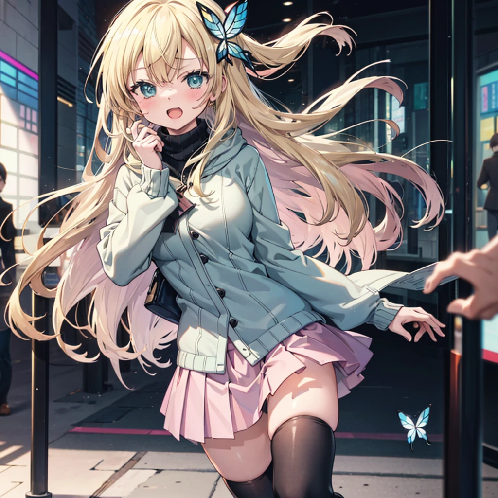 (Best Quality:1.1), (masutepiece:1.4), (absurderes:1.0), Full body,  Walking,
1girl in, kashiwazaki sena, butterfly_hair_ornament detached, blond hair, pink long coat，Green Sweater, a miniskirt，Black tights，Black Long Boots，Turning around，closing eye，Opening Mouth，Huge laughter，Large crowds, solofocus:1.4), (depth of fields:1.4), Looking at Viewer, (blush:1.1),